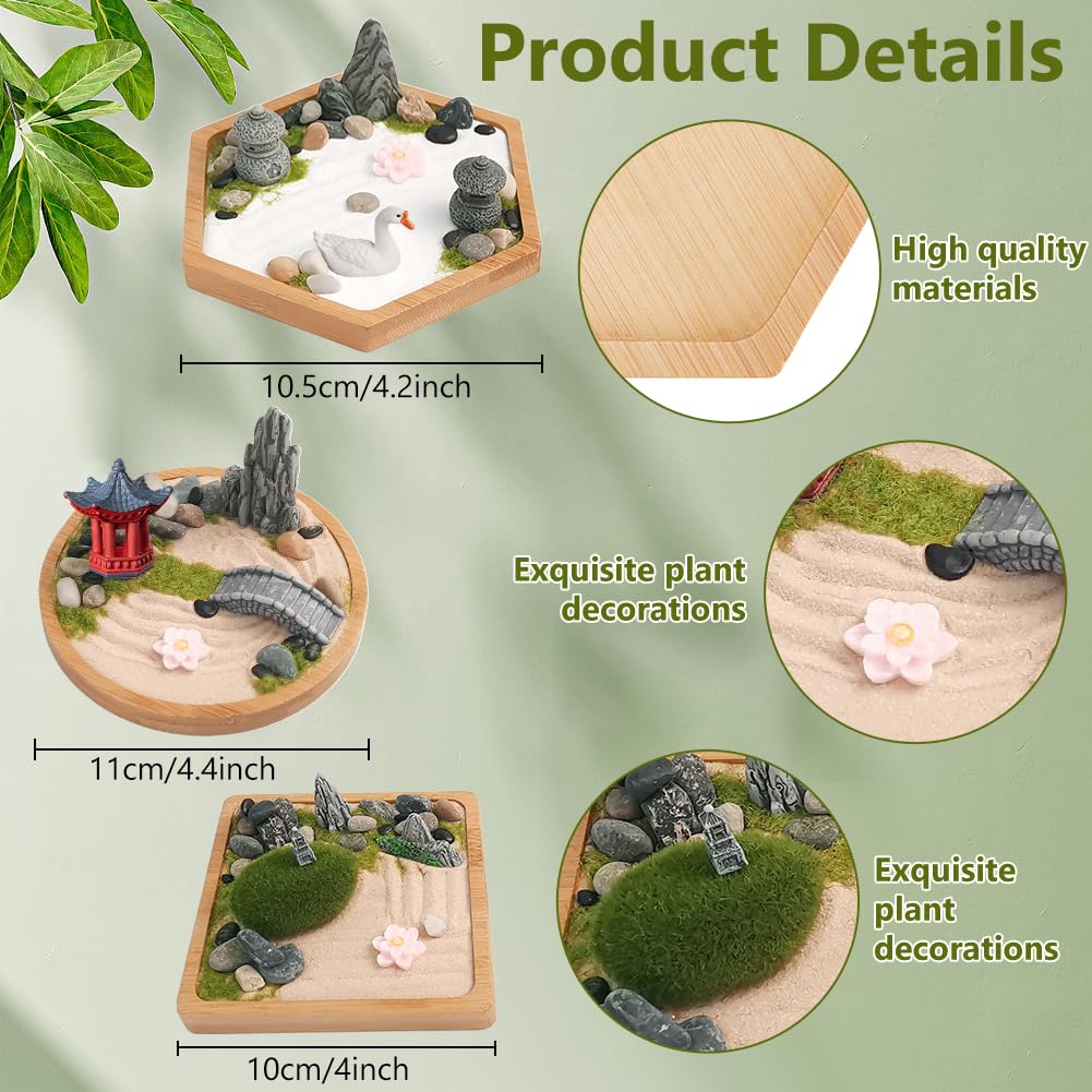 WEBEEDY 3 Sets Mini Zen Garden Kit Sand Tray Kit Japanese Sand Garden for Desktop with Bamboo Tray,Mini Rock Garden Gift Set for Home Office Desk Beautiful Japanese Decor Relaxation Meditation
