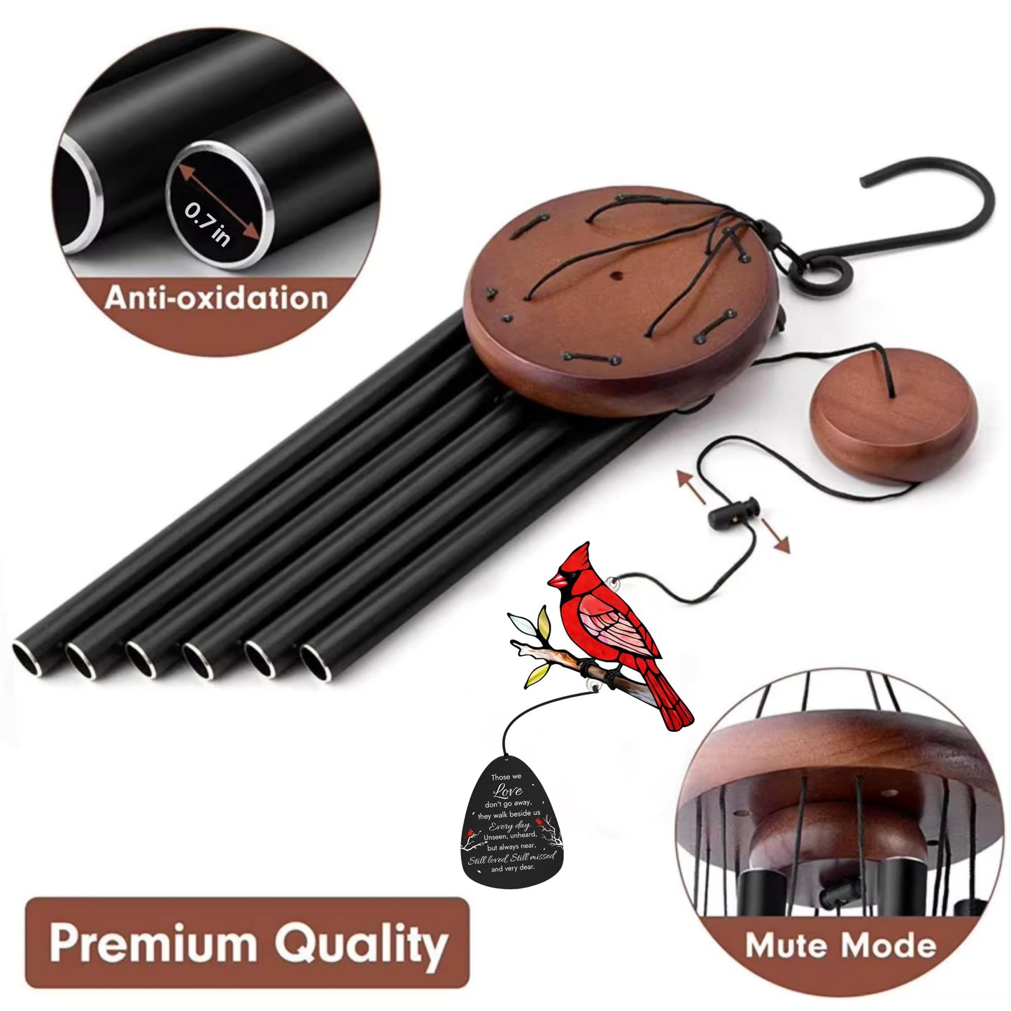 Memorial Wind Chimes for Loss of Loved One, Sympathy Gifts for Loss of Mother/Dad/Husband - Cardinal Wind Chimes for Outside with Mute Option, in Memory of Loved One Gifts, Sympathy Wind Chimes 36''