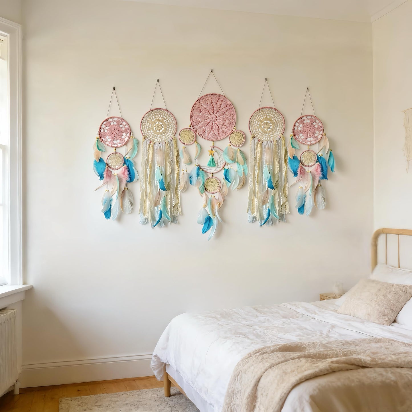 Handmade Dream Catchers Set of 5, Pink Boho Macrame Wall Hanging Decor for Women, Gift for Mother's Day, Birthday, Christmas, Housewarming, Nursery, Teen Girl Bedroom Aesthetic