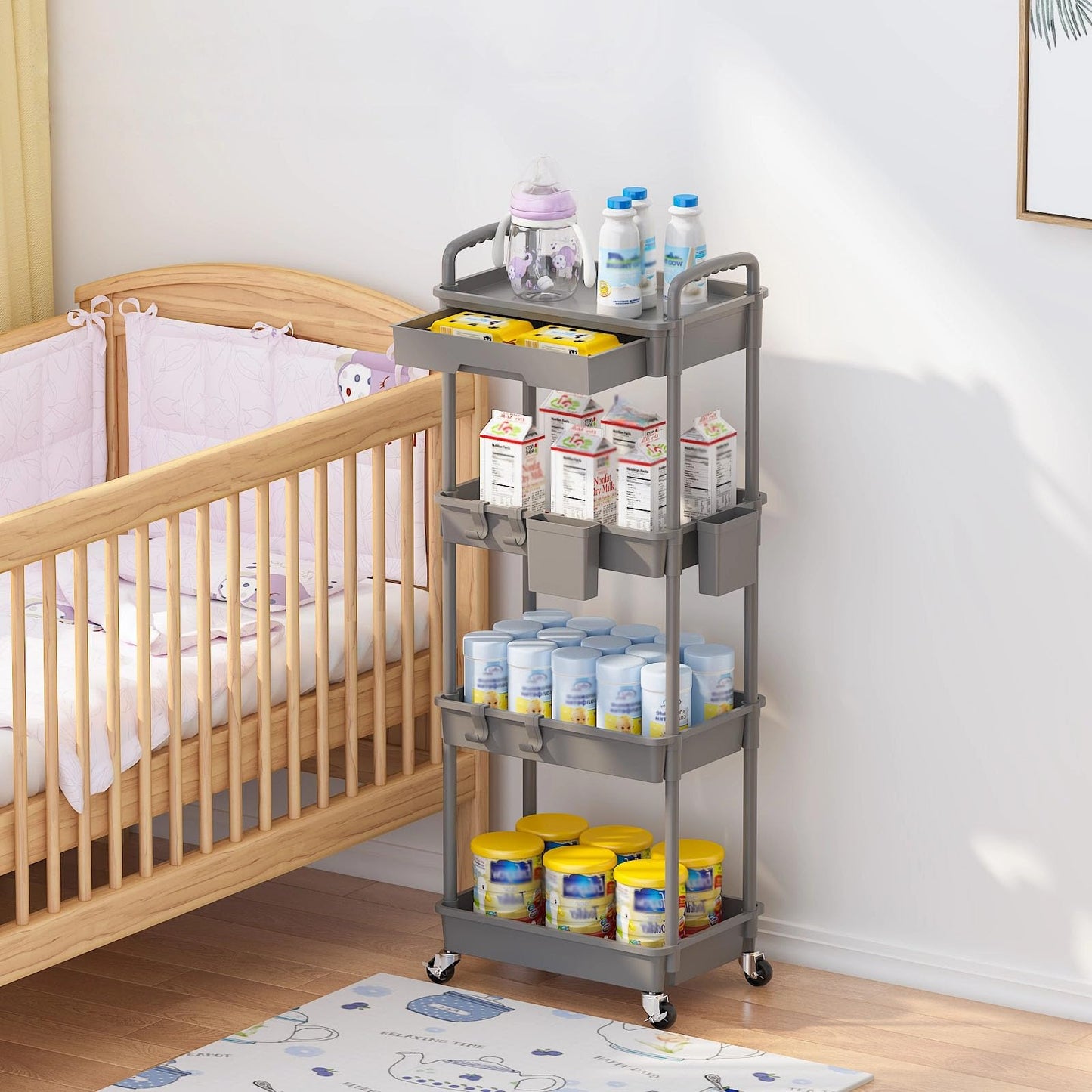 LLMRR 4 Tier Rolling Utility Cart with Drawer, Plastic Storage Organizer Rolling Carts with Wheels Handles Hanging Cups Hooks for Office, Bathroom, Kitchen,Craft Art Room (Grey)