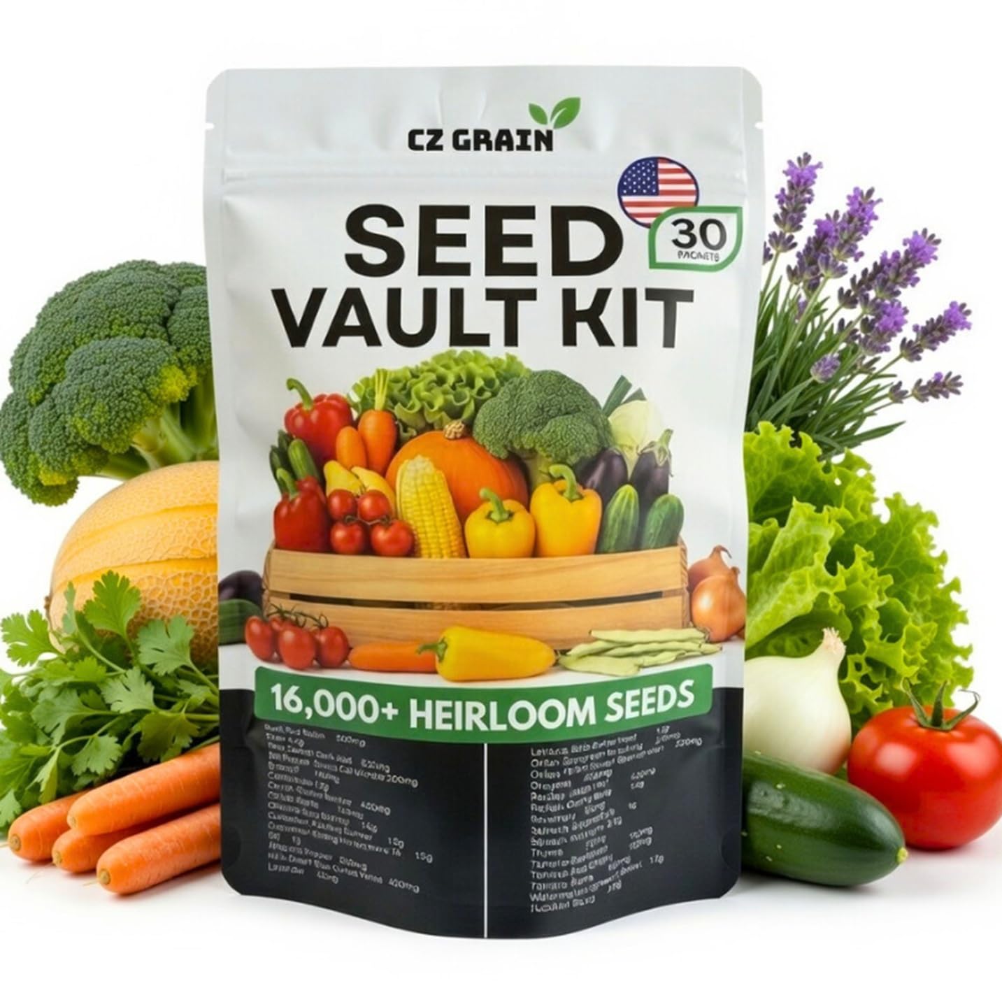 Vegetable & Herb Seed Vault Kit – 30 Variety Heirloom Garden Seed Packets – 16,000+ Non-GMO Seeds for Planting – Survival Garden Starter Set – 30 Plant Markers Included