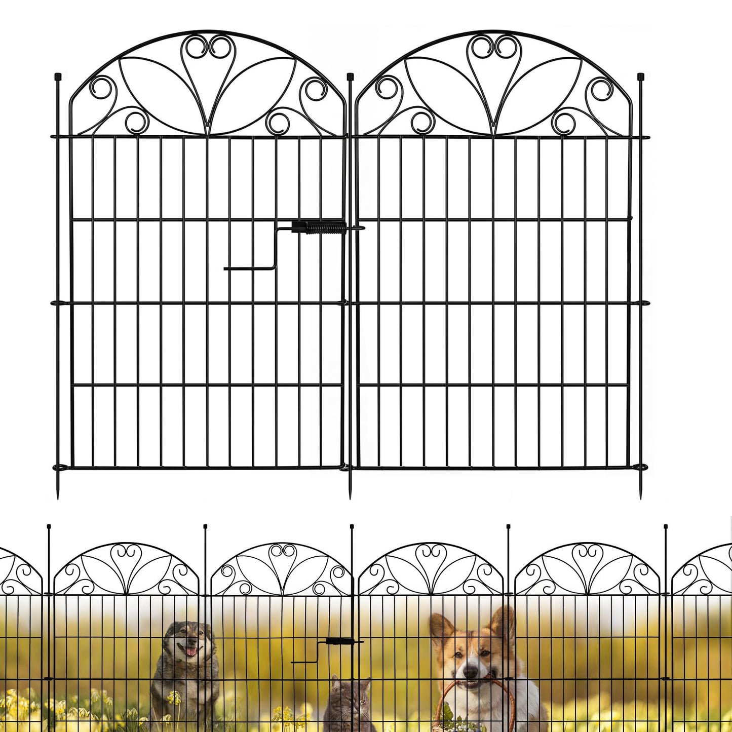 12 Panels No Dig Garden Fence with Gate, 32" H x 22.4ft, Decorative Metal Animal Barrier Dog Fence Outdoor for Yard, Walk-Through Iron Fencing for Flower Bed, Patio & Lawn