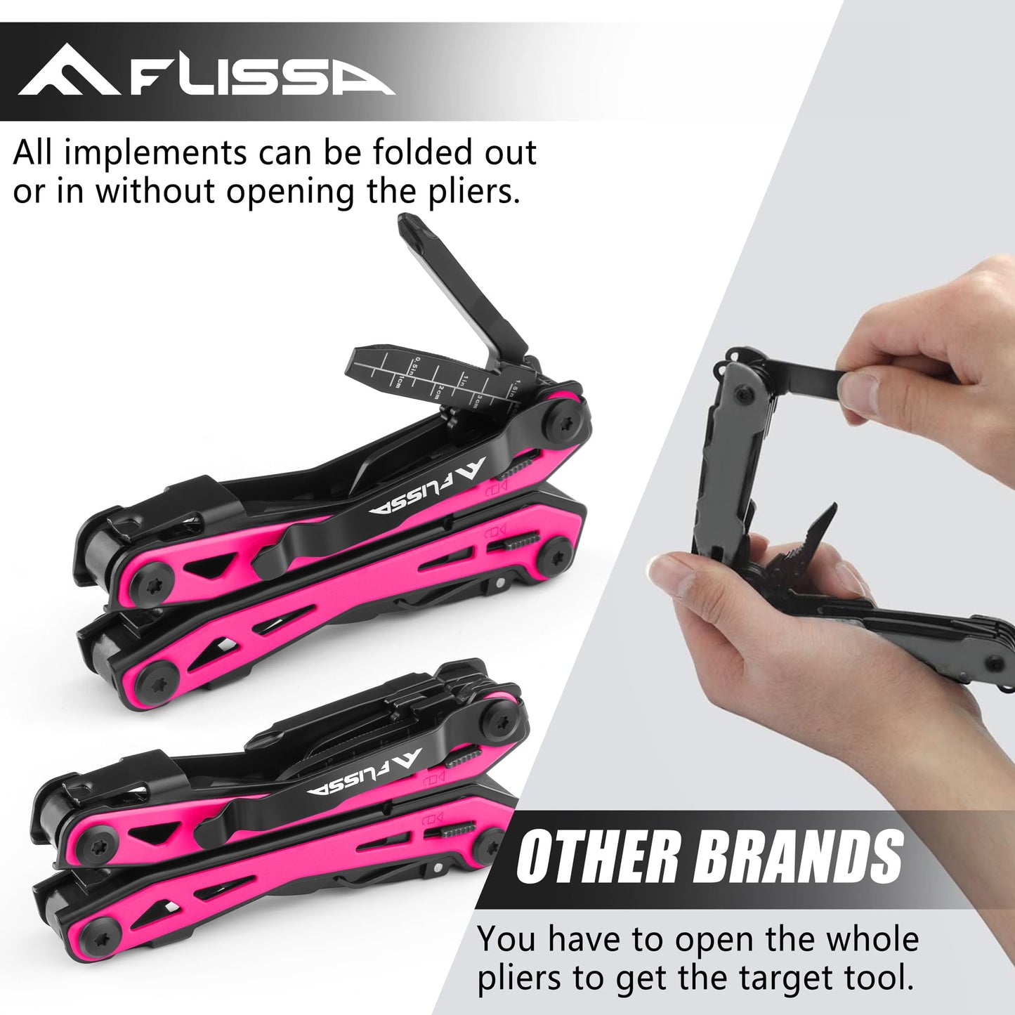 FLISSA 16-in-1 Pink Multi Tool Pliers, Gifts for Mom Women, Stainless Steel EDC Multitool with Pocket Knife, Belt Clip and Oxford Pouch, for Camping Survival Outdoor Activities