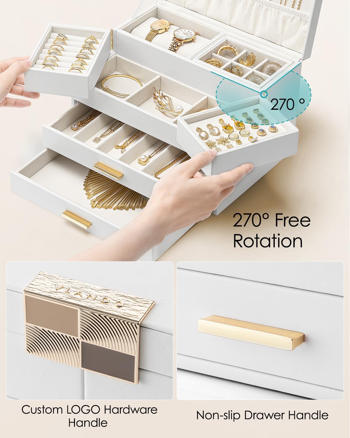 VLANDO 4 Layers Jewelry Box - Women Jewelry Box with Retractable Tray - Jewelry Organizer with Drawer for Necklaces, Rings, Bracelets, Earrings, Gift for Couples Mom Girls - White