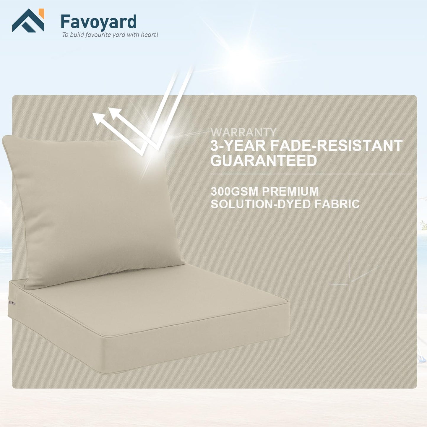 Favoyard Outdoor Seat Cushion Set 24 x 24 Inch Water-Resistant & Fade-Resistant Patio Furniture Cushions with Removable Cover Deep Seat & Back Cushion with Tie Straps for Chair Sofa