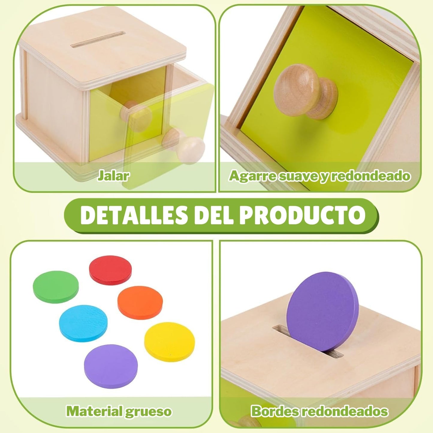 Adena Montessori Coin Box,Object Permanence Box for 1 Year Old Baby Coins,Wooden Ball Drop Developmental Toys for 6-12 Month Infant Toddler,Learning Kids Gifts(Yellow-Green Door)