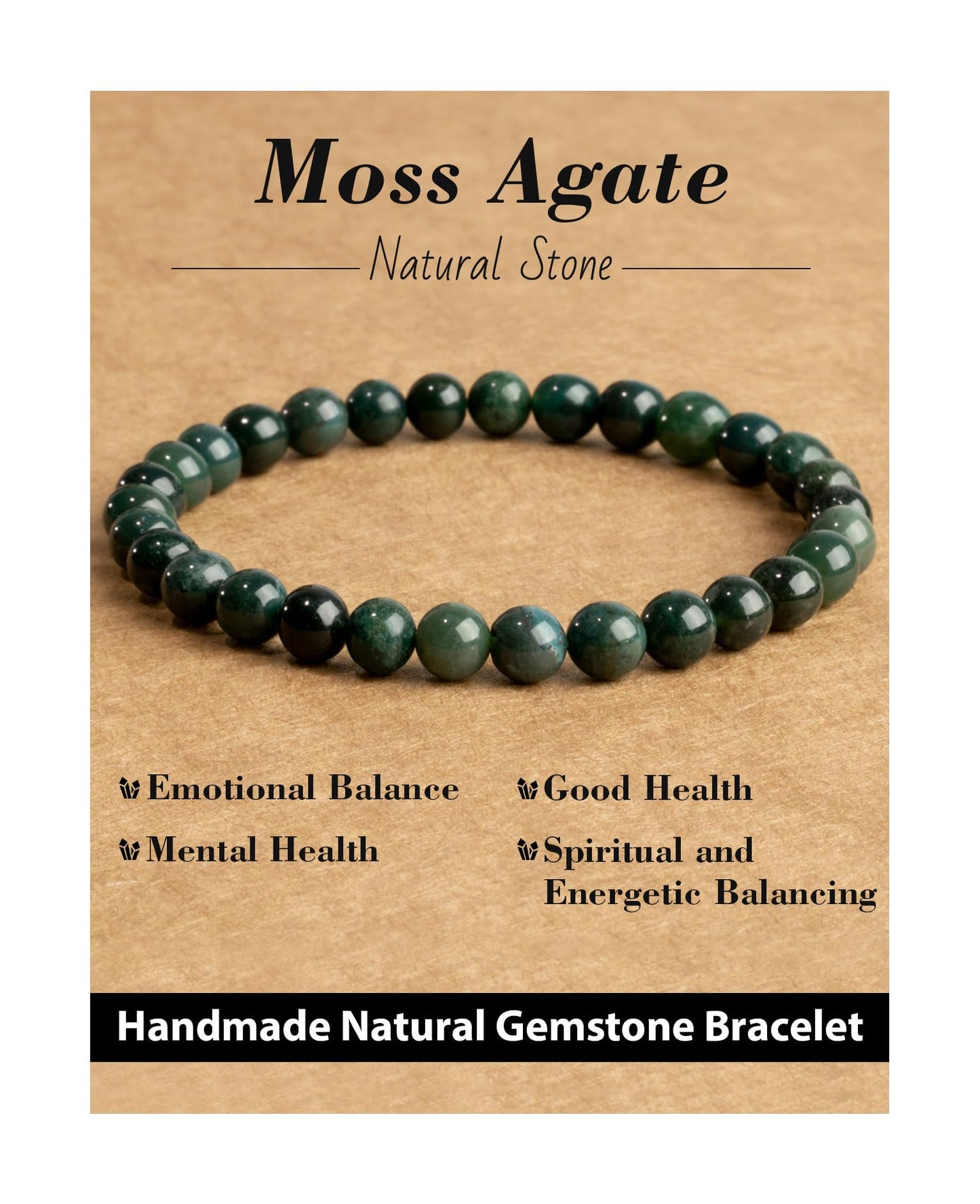 Landorilo Beaded Bracelet for Men Women, 6mm Natural Stone Moss Agate Healing Crystal Stretch Bracelets, Ideal Christmas Birthday Jewelry Gifts with Energy Card，Replacement Beads Included