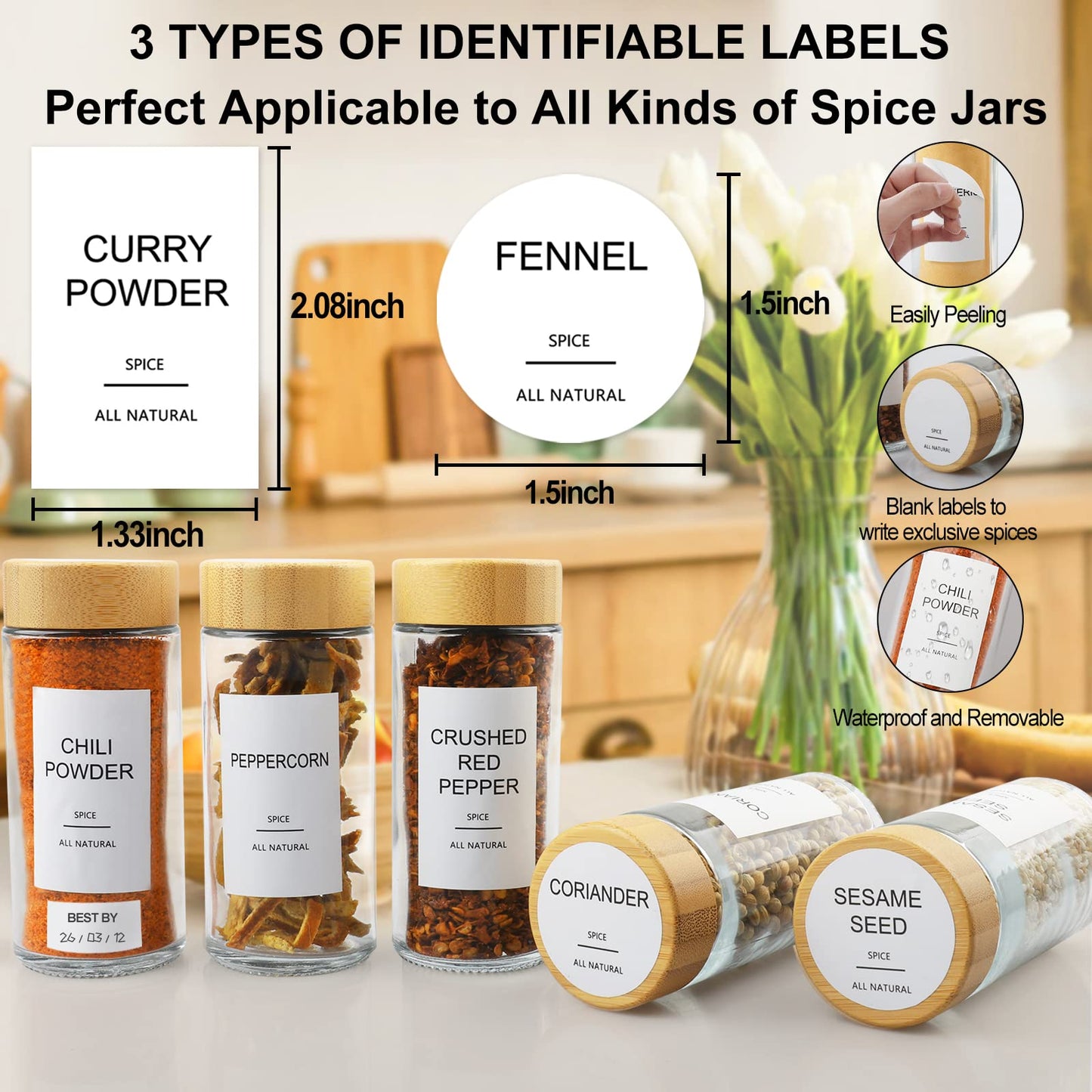 AISIPRIN Glass Spice Jars with 398 Labels-4oz 24 Pcs,Round Seasoning Jars with Bamboo Airtight Lids,Spice Container Set -Shaker Lids, Funnel,Brush and Marker Included