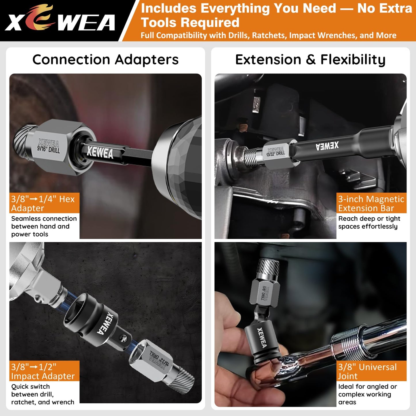 XEWEA 22PCS 3/8" Drive Screw Extractor Set, Multi-Spline Easy Out Bolt Remover Kit for Stripped Broken Bolts, Nuts & Screws, Heavy-Duty CR-MO Extraction Tools with Extension & Adapter Accessories