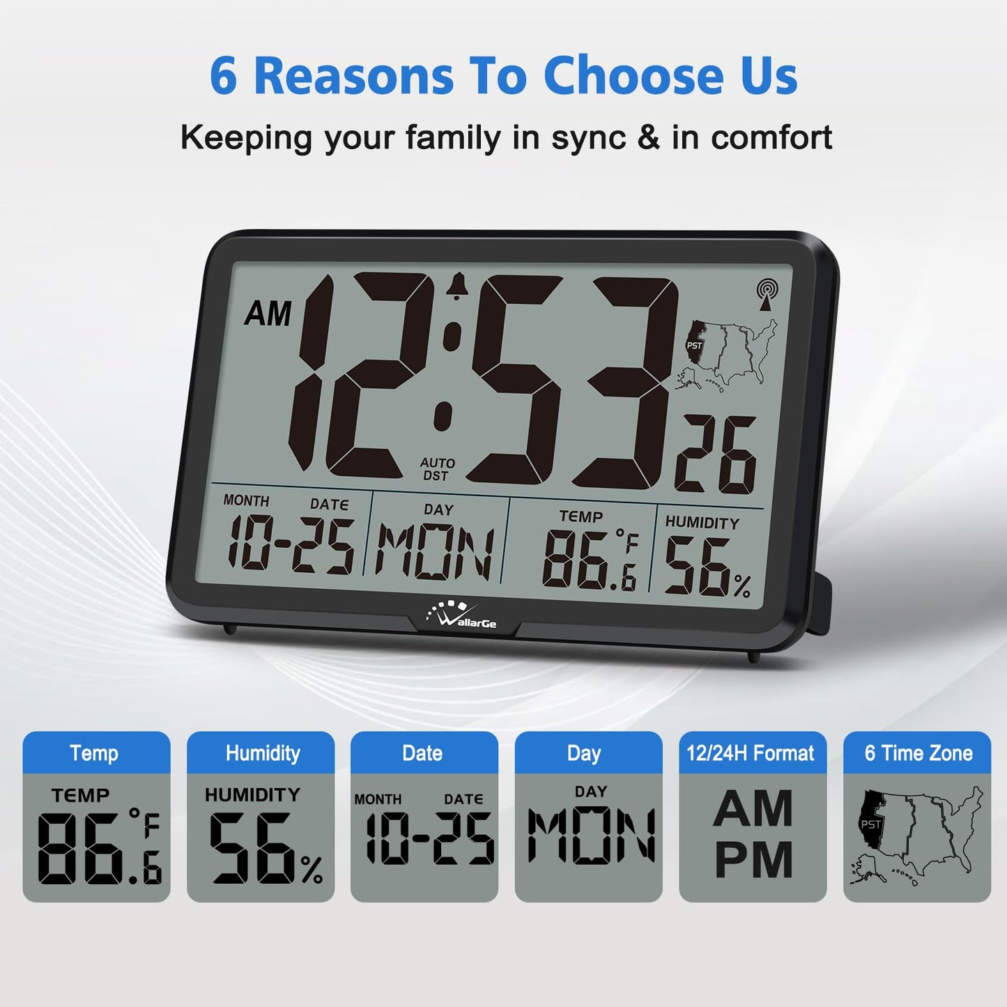 WallarGe Atomic Wall Clock with Backlight, Digital Wall Clock Battery Operated for Classroom, Bedroom, Office, Large Display with Indoor Temperature, Humidity, Date, AUTO DST, 6 Time Zones