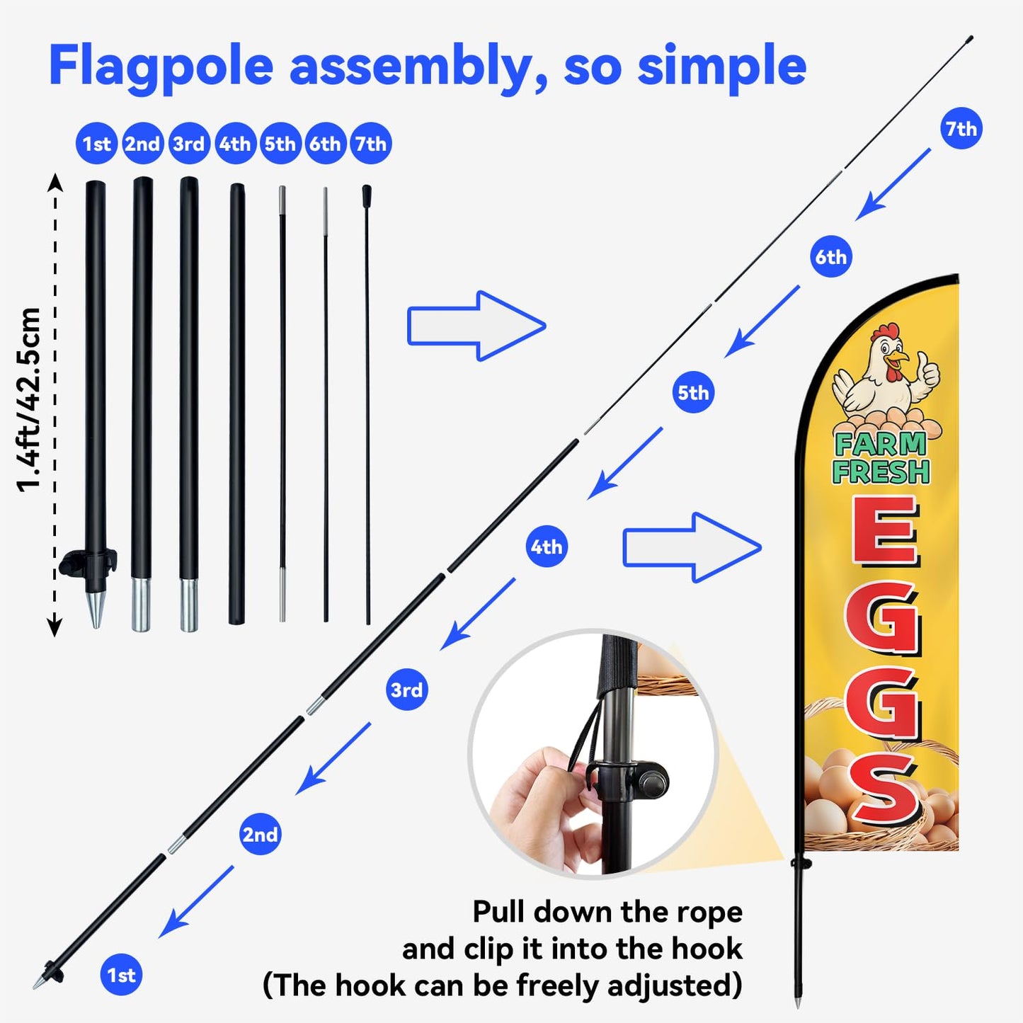 WOANIXY Farm Fresh Eggs Feather Flag With Pole Kit, Double Sided 8FT Durable Polyester Outdoor Advertising Flag, Roadside Sign For Egg Sales, Farm Stand, Farmers Market & Backyard Chicken