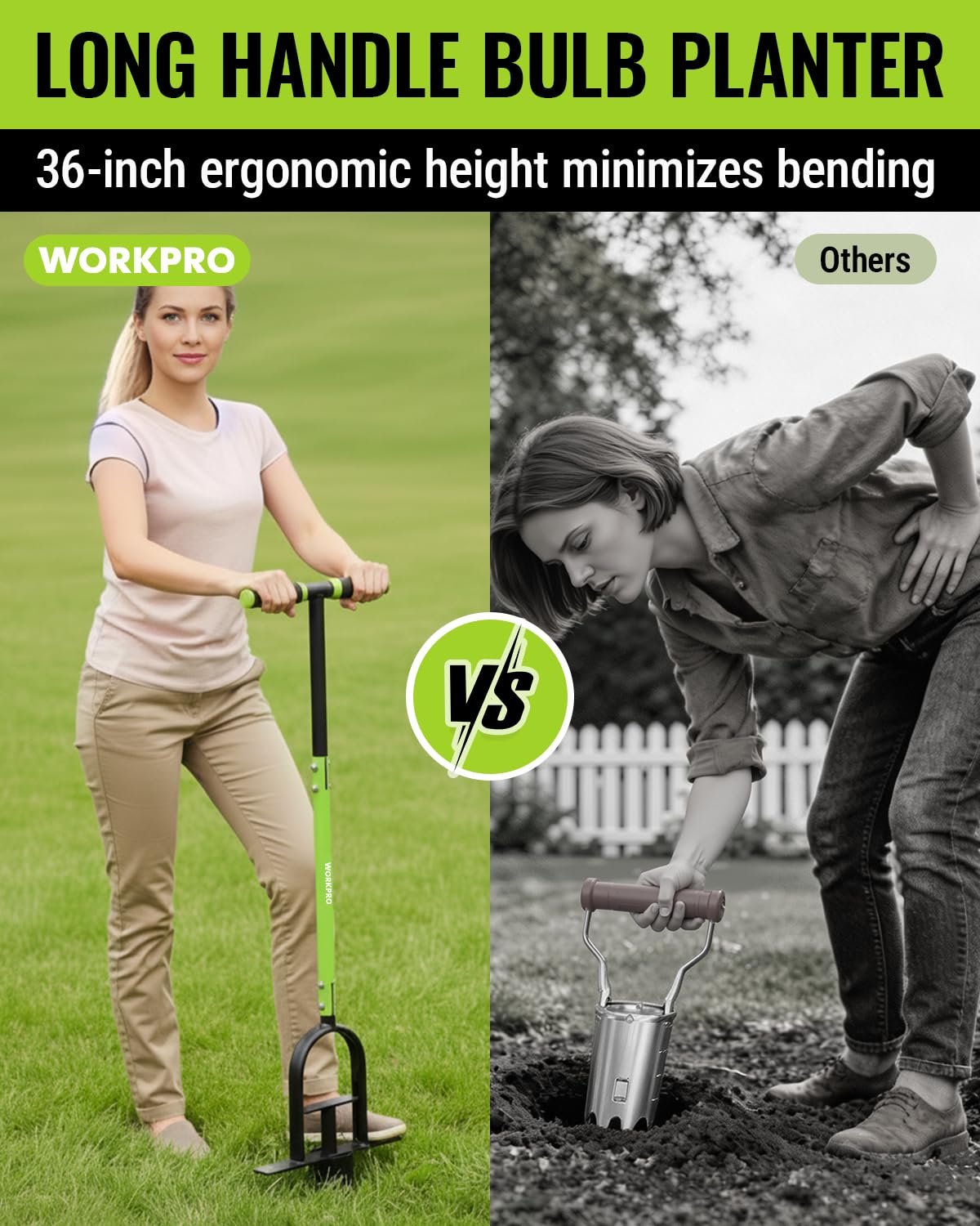 WORKPRO 36" Bulb Planter Tool, Long Handle Sod Plugger, Grass Plugger Tool with Serrated Base, Dual Pedals, Garden Tool for Planting, Transplanting, Weeding, Digging Holes for Tulips, Daffodils