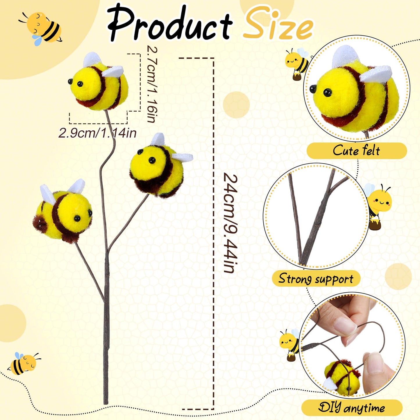 Suncalla 12 Pcs Felt Bee Stems What Will Baby Bees Birthday Party Decor DIY Felt Honeybee Branch Pick for Tree Vase Filler Home Centerpiece Farmhouse Baby Shower Crafts (Bee)
