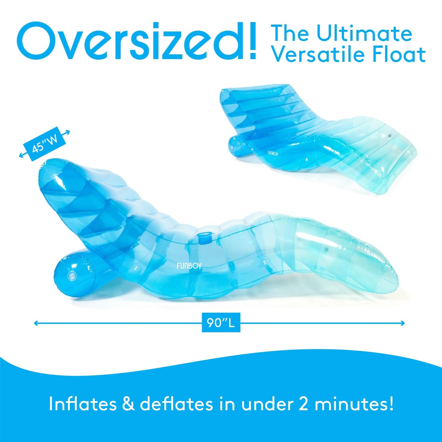 FUNBOY Giant Inflatable Luxury Tri-Color Blue Chaise Lounger, Chair Pool Float for Adults, Transparent Blue Material, Perfect for a Summer Pool Party