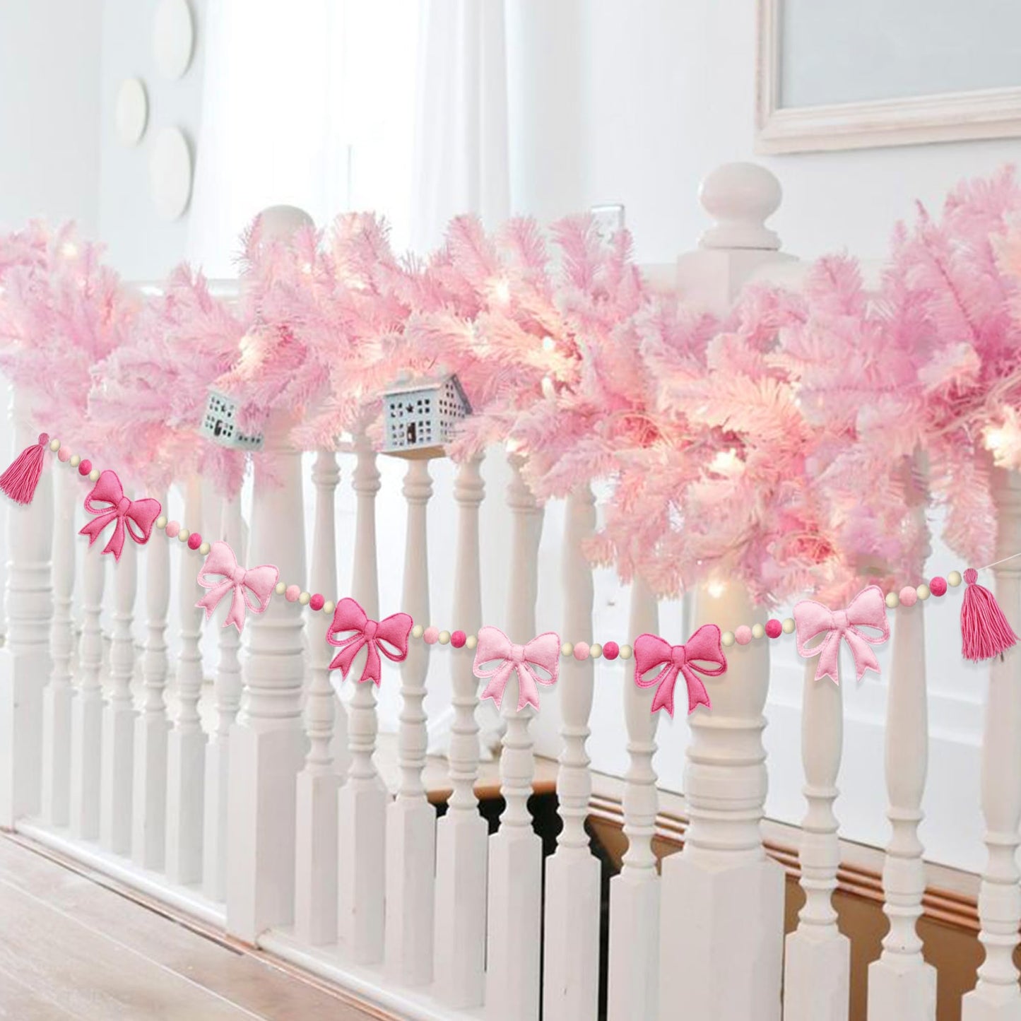 Pink Bow Decorations Pre-Strung Felt Handmade Bow Banner Wool Felt Ball Wooden Bead Bow Garland Streamer for Nursery Classroom Home Mantle Fireplace Decor Baby Shower Coquette Birthday Party Supplies