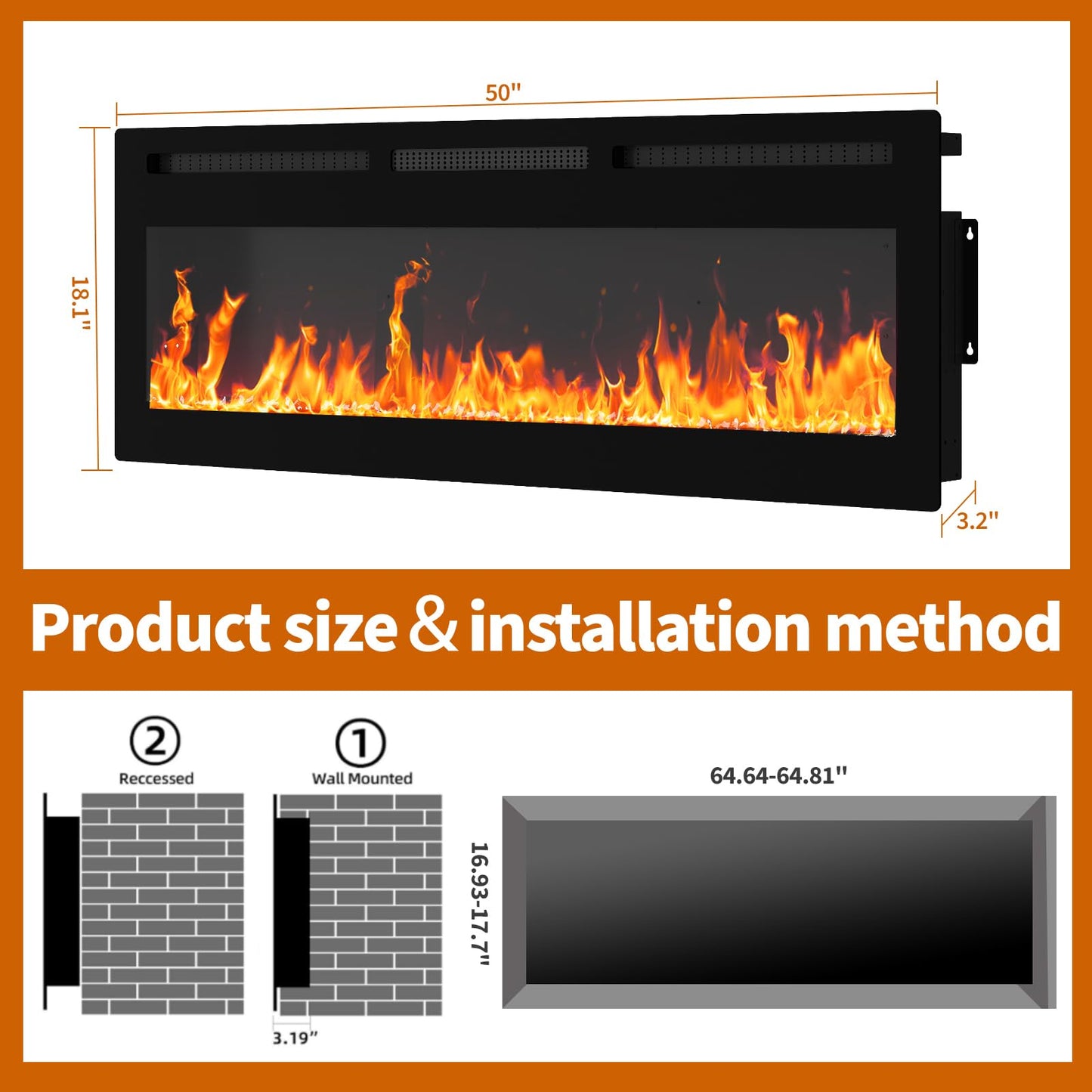 50" Smart Electric Fireplace Wall Mount, 1500w Heater with Remote Control & Timer, 12 Color LED Flame Effect, Touch Screen, for Living Room Bedroom Indoor Use