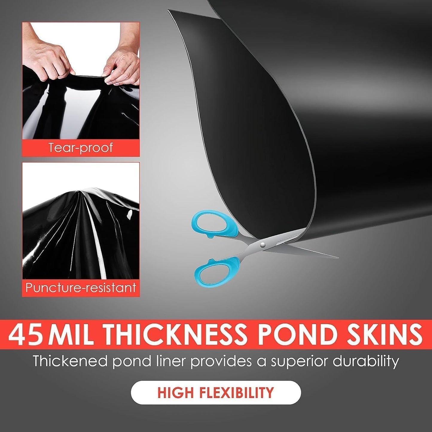ExploreHorizon 10x15 ft Pond Liner, 45 Mil Thickness, Pliable & Durable EPDM Material, Easy Cutting & UV Resistant, for Fish or Koi, Features, Waterfall Base, Fountains and Water Gardens