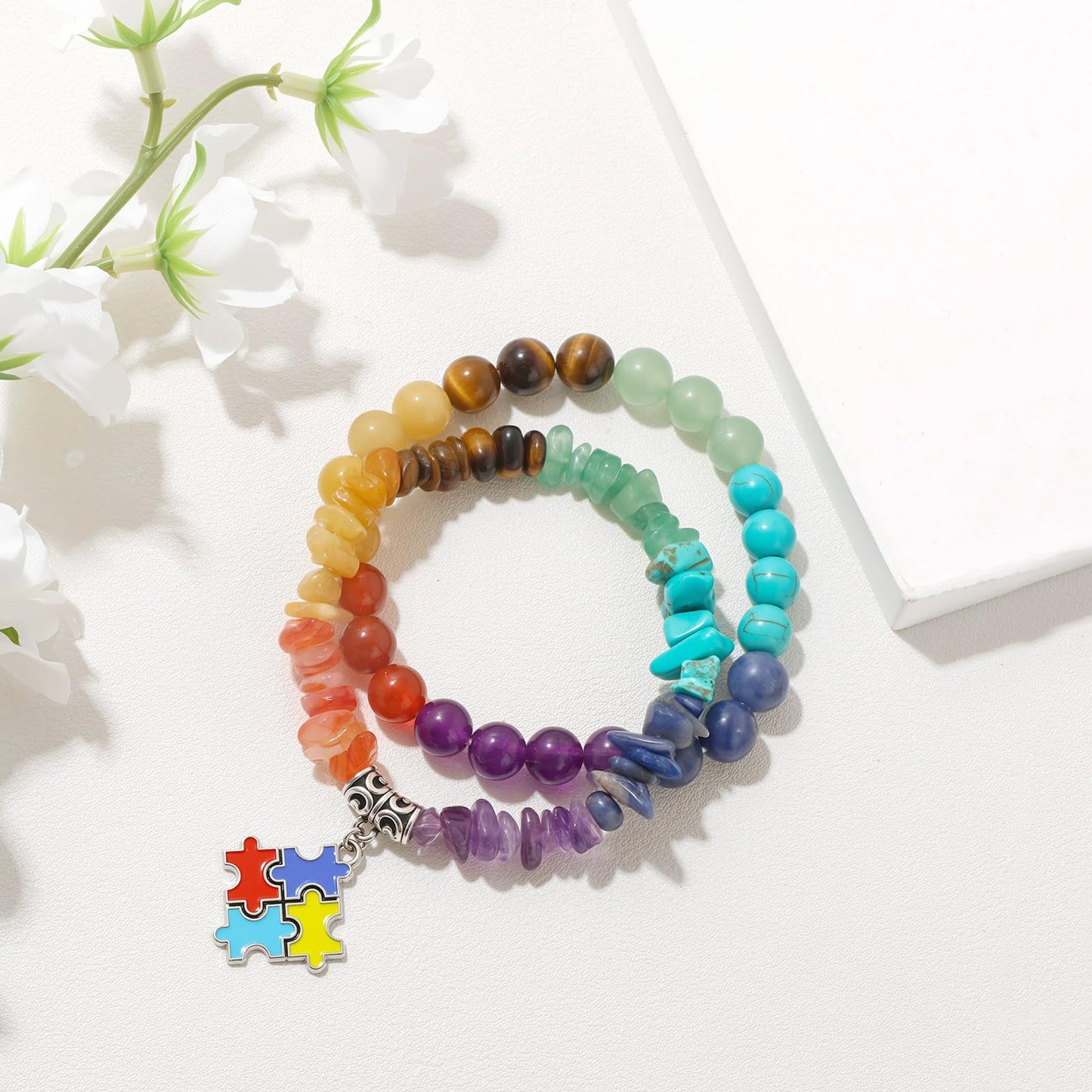 GolbalJew Autism Awareness Bracelets for Women Colorful Puzzle Charm 7 Chakra Gemstone Beads Bracelet Natural Stone Autistic Gifts Jewelry