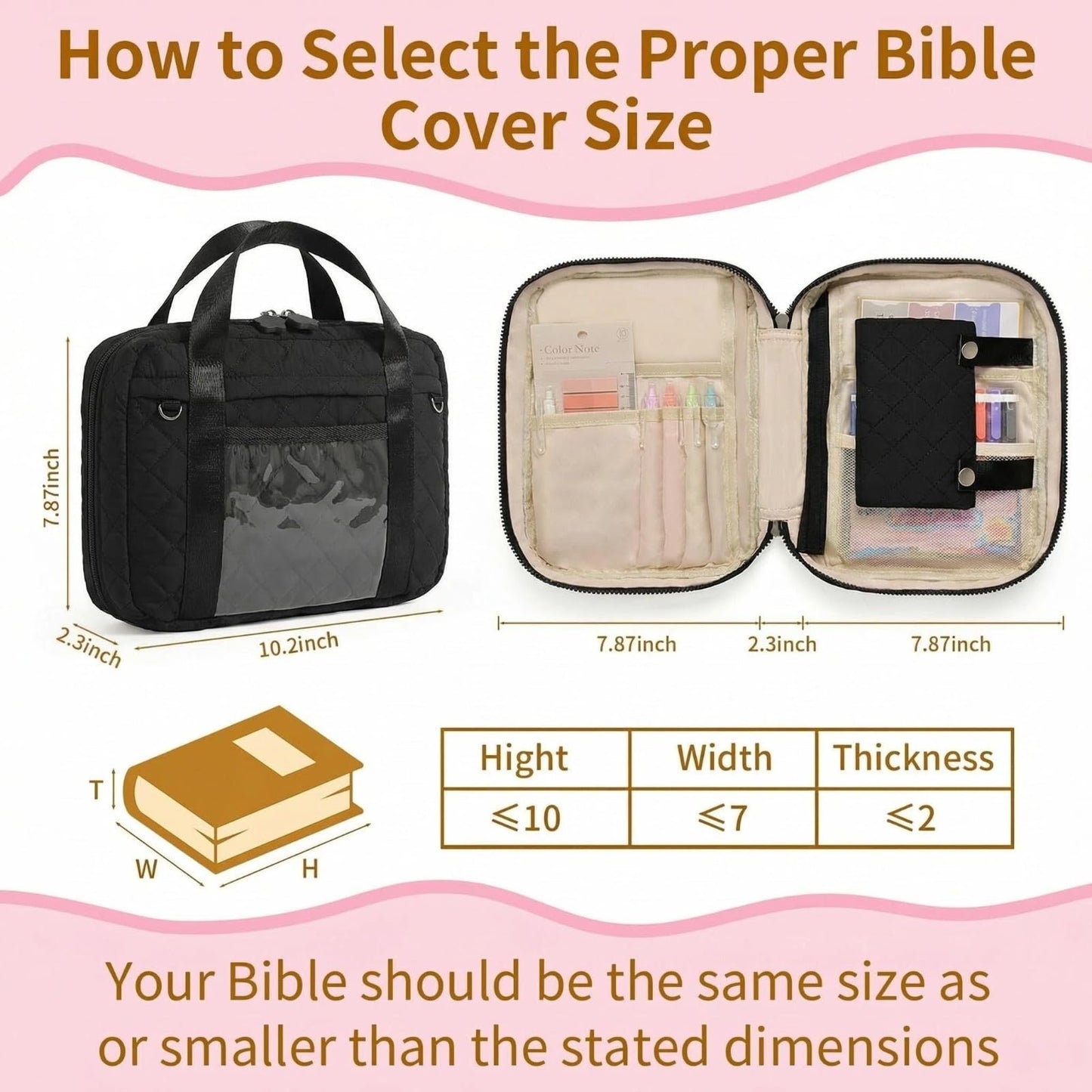 Quilted Bible Cover for Women, Zippered Bible Case with Handle, Bible Organizer Bag w/Multiple Pockets & Pen Slots Lightweight Bible Tote Bag for Church Study, Gifts for Women (Black)
