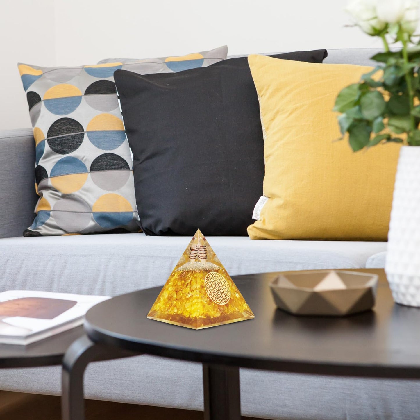 Real Crystal Citrine Orgonite Pyramid, Healing Crystal Pyramid, Pyramid Crystal Gemstone Pyramid for Meditation, Motivation, Positivity - Handmade in India