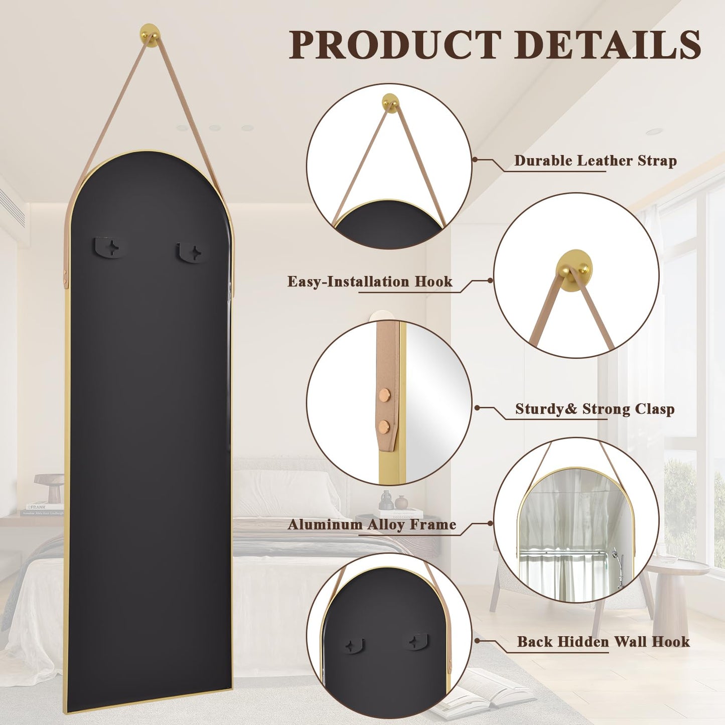 Easly 16''x48'' Arched Full Length Mirror, Hanging Mirror for Wall with Leather Strap, High-Definition Aluminum Alloy Frame for Bathroom Bedroom Entryway Decor, Gold