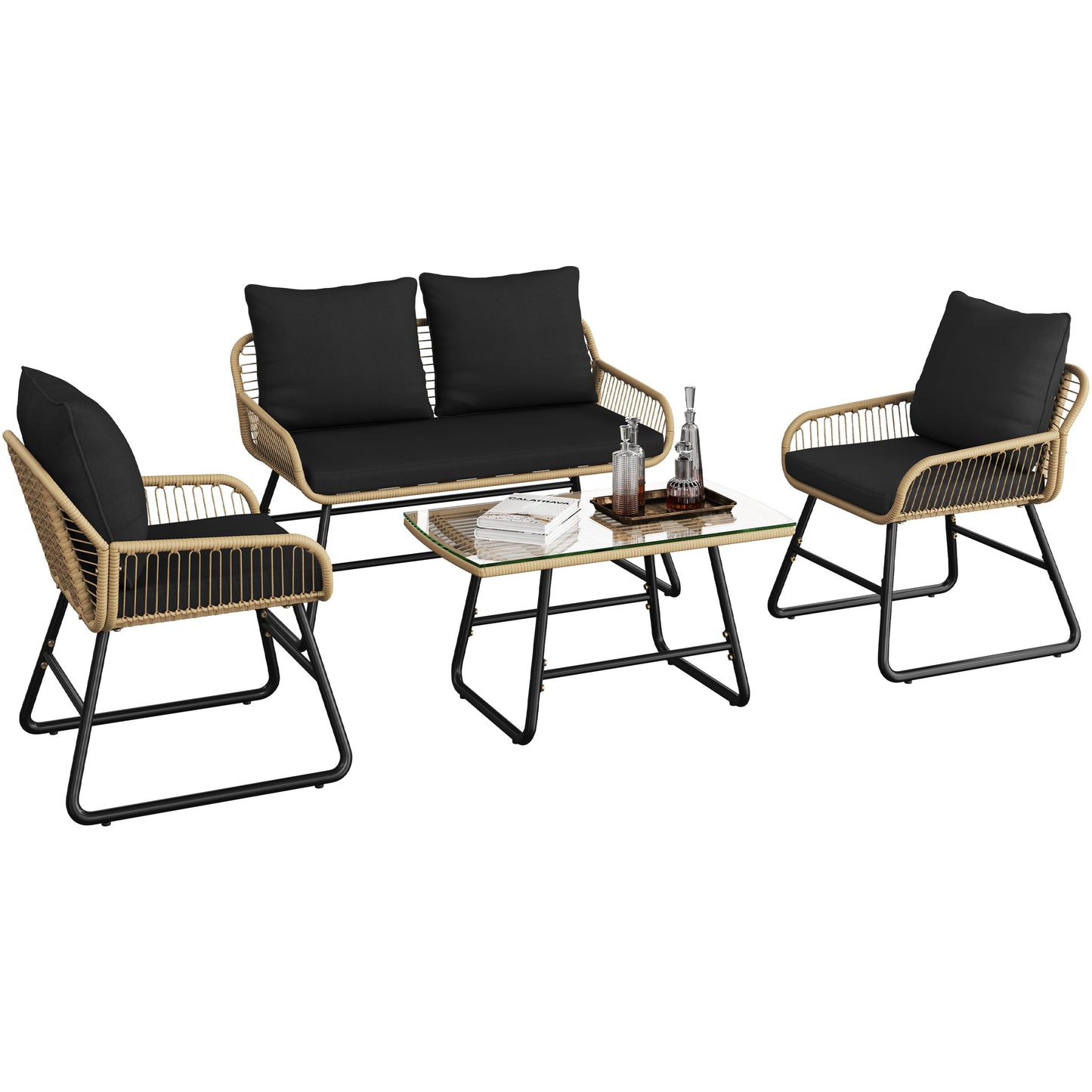 Yaheetech 4 Piece Patio Furniture Set, Outdoor Wicker Conversation Sets, Boho Loveseat & 2 Armchairs with Cushion and Pillow, Glass Top Table for Backyard, Porch, Balcony, Deck - Tan/Black
