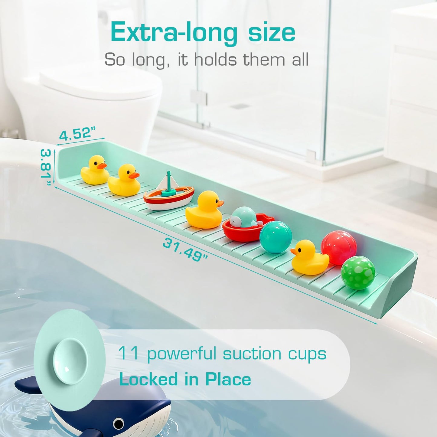 DubiLaka 31.5" Bathtub Splash Guard for Kids & Toddlers - Silicone Play Shelf & Toy Storage Tray with Strong Suction Cups to Prevent Water Spills, No-Leak Fun Bath Time - Tub Toy Holder Ledge,Green