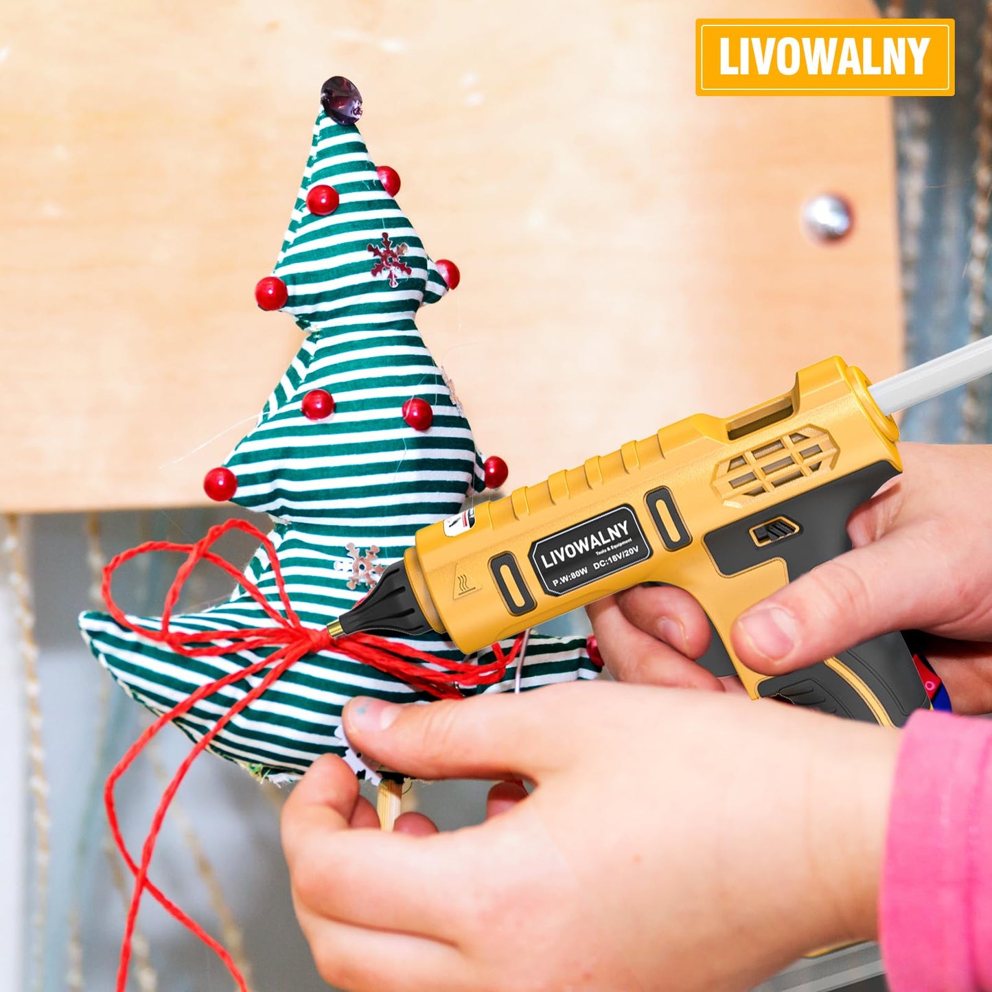 LIVOWALNY Cordless Hot Glue Gun Compatible with Dewalt 20V Battery (Tool Only) 100W Hot Glue Gun And 30 Sticks Set in Crafting Wood PVC Glass Home Repair with 30 Pcs 0.27 * 5.9 inch Hot Glue Sticks