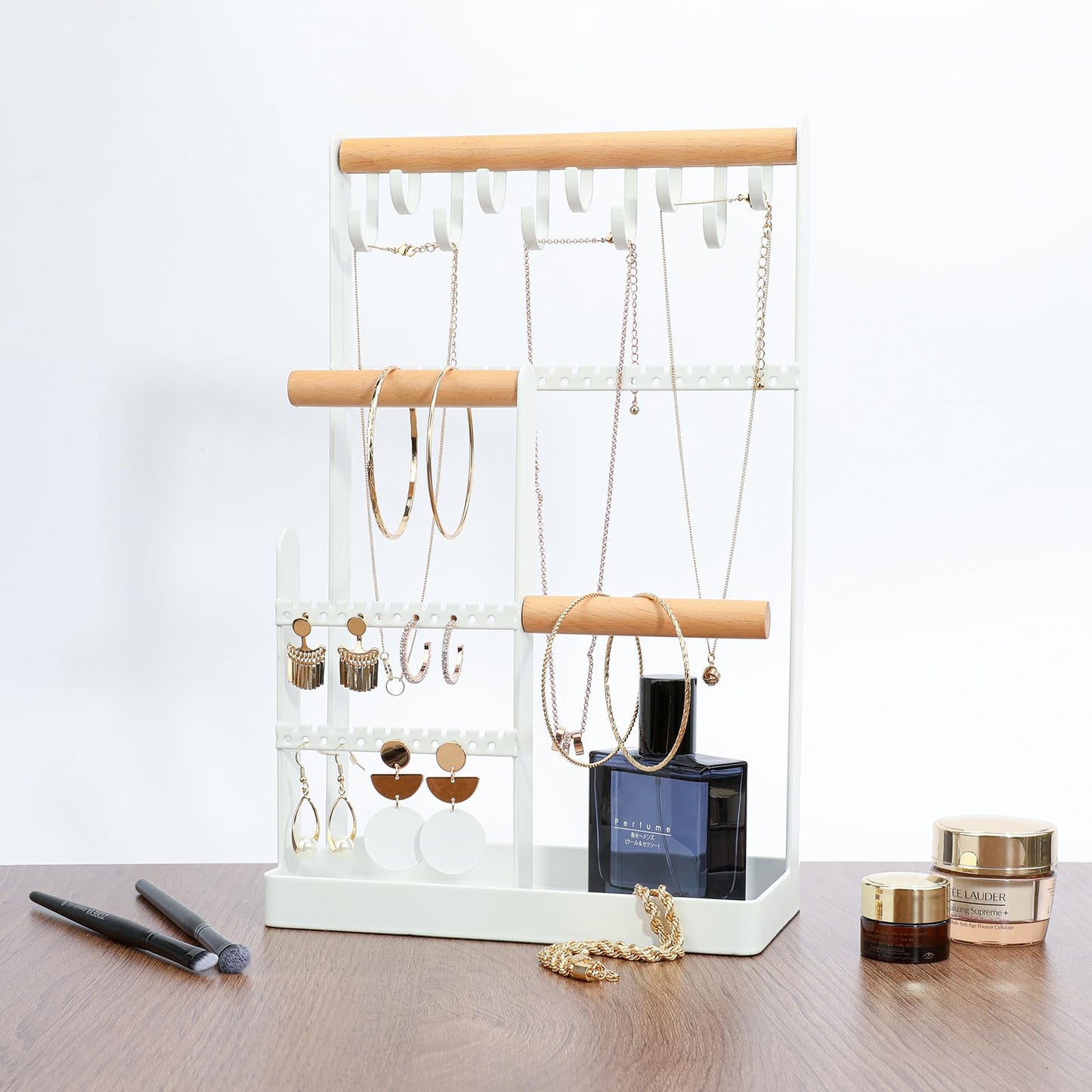 V-LAFUYLIFE Jewelry Organizer Stand Necklace Holder, 6-Tier Jewelry Tree Stand Organizer with Bracelet Holder Ring Tray and 10 Hooks 88 Holes for Earring Holder Jewelry Tower Rack -White