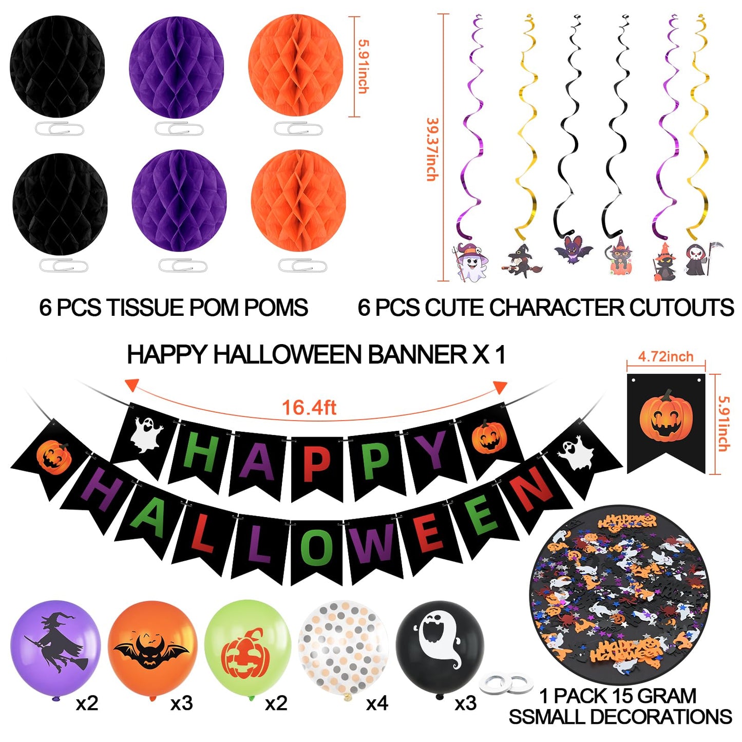 Happy Halloween Decorations Banner Supplies, Boo Classroom Hanging Cute Decoration Kit Dots Hanging Garland Honeycomb Ball Swirl Streamers for Halloween Party Decor Indoor Adult