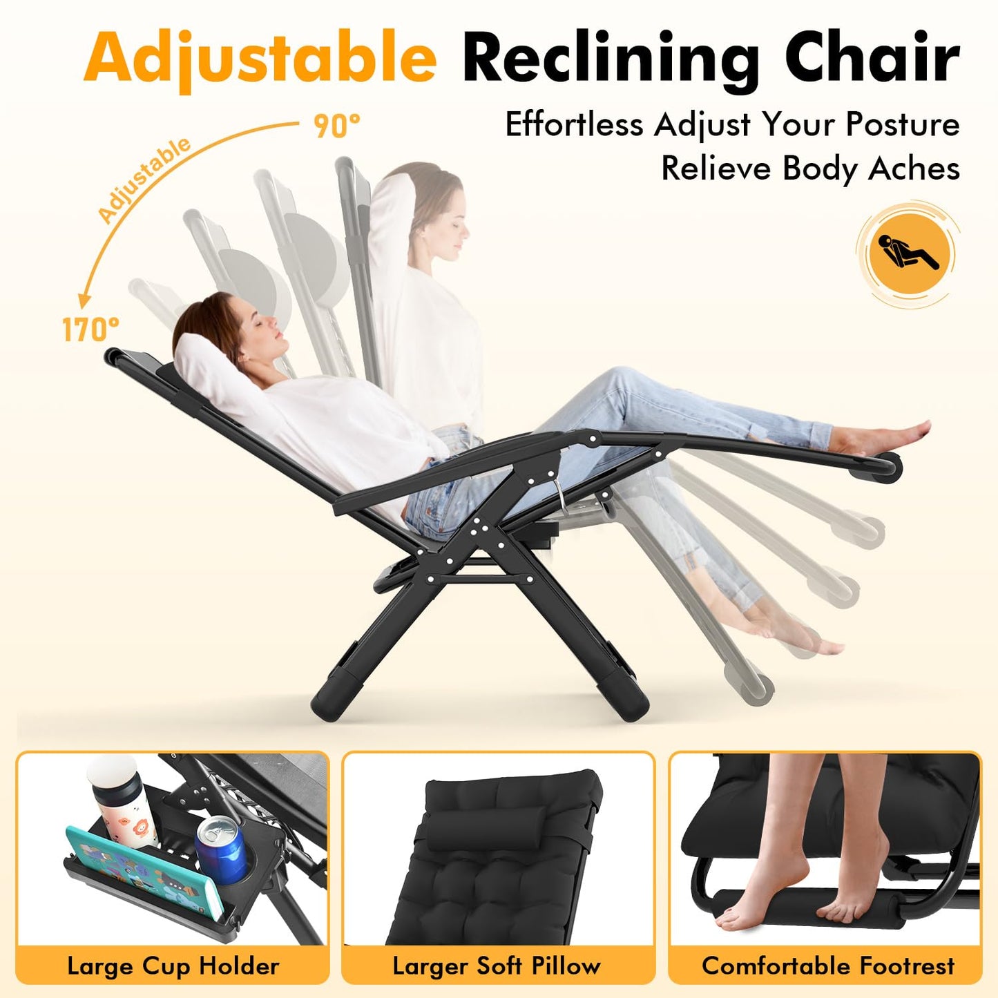 Slendor Oversized Zero Gravity Chairs XL, Padded Anti Gravity Chair, 29in Zero Gravity Lounge Chair, Folding Reclining Chair w/Aluminum Alloy Lock, Headrest, Cup Holder, Support 440lbs, Black