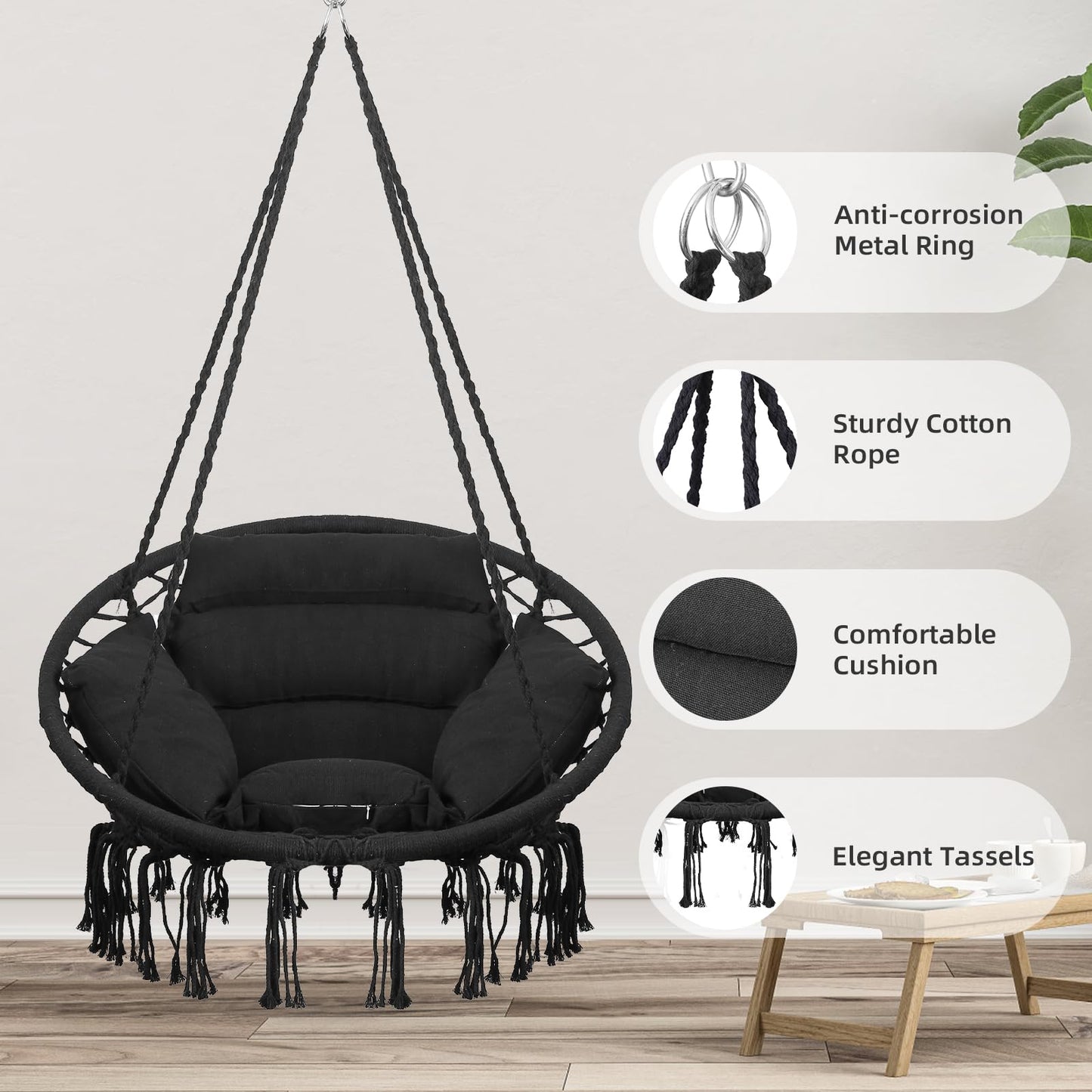 Goutime Hammock Chair with Hanging Hardware Kit and Back Cushions,Macrame Boho Swing Chairs for Indoor,Outdoor,Bedroom,Patio (Black)