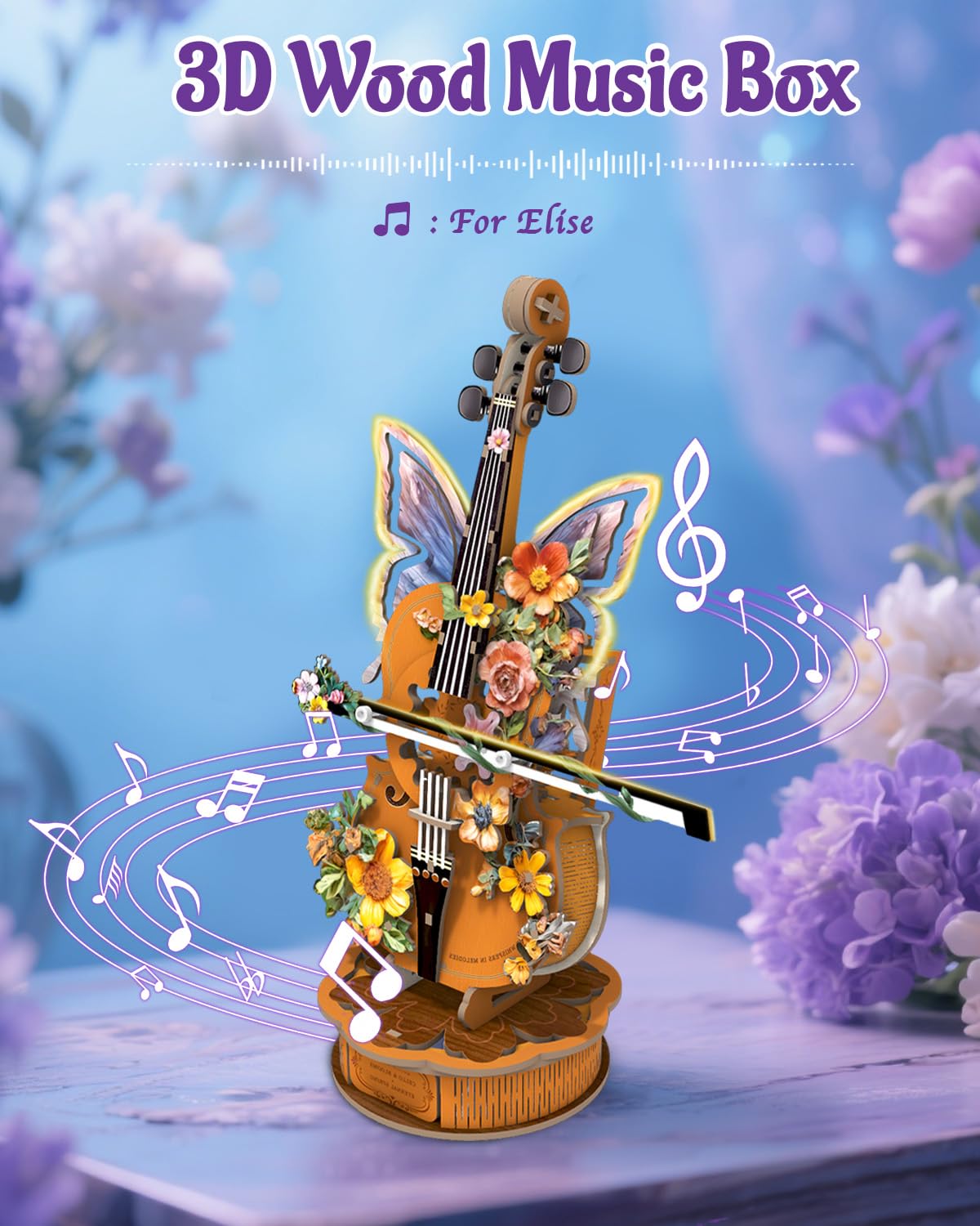 Rnfinewow 3D Puzzles for Adults, Mechanical Wooden Cello Music Box Puzzles, DIY Flower Music Box Cello Crafts Model Kits Home Decor for Holiday Birthday Gifts Hobbies