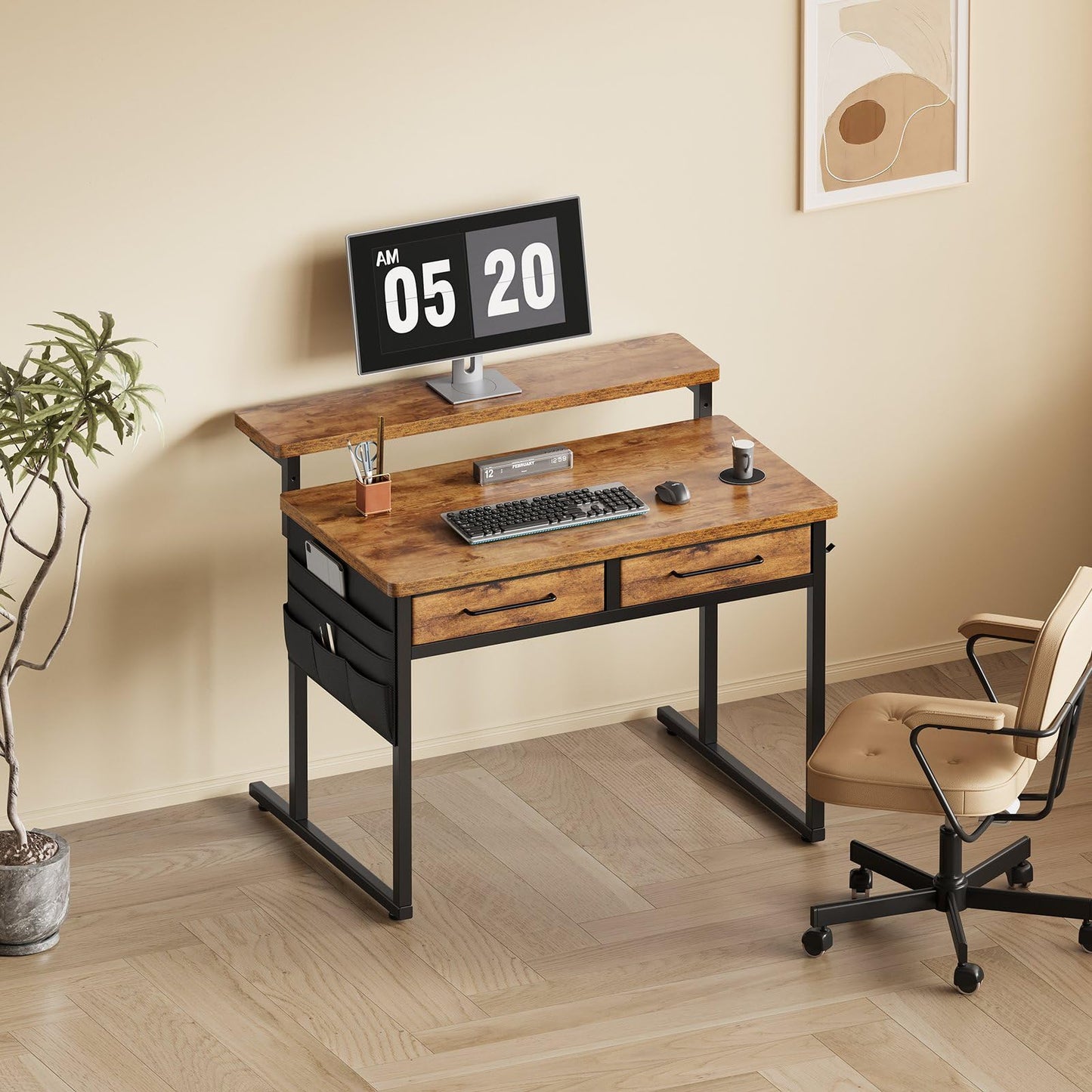 Maihail Small Desk with Drawers, 31.5X15.8-22.9 Inches Office Computer Desk with Side Pocket & Ergonomic Monitor Stand, Writing Table for Small Spaces, Bedroom, Kids Desk, Vanity Desk, Rustic Brown