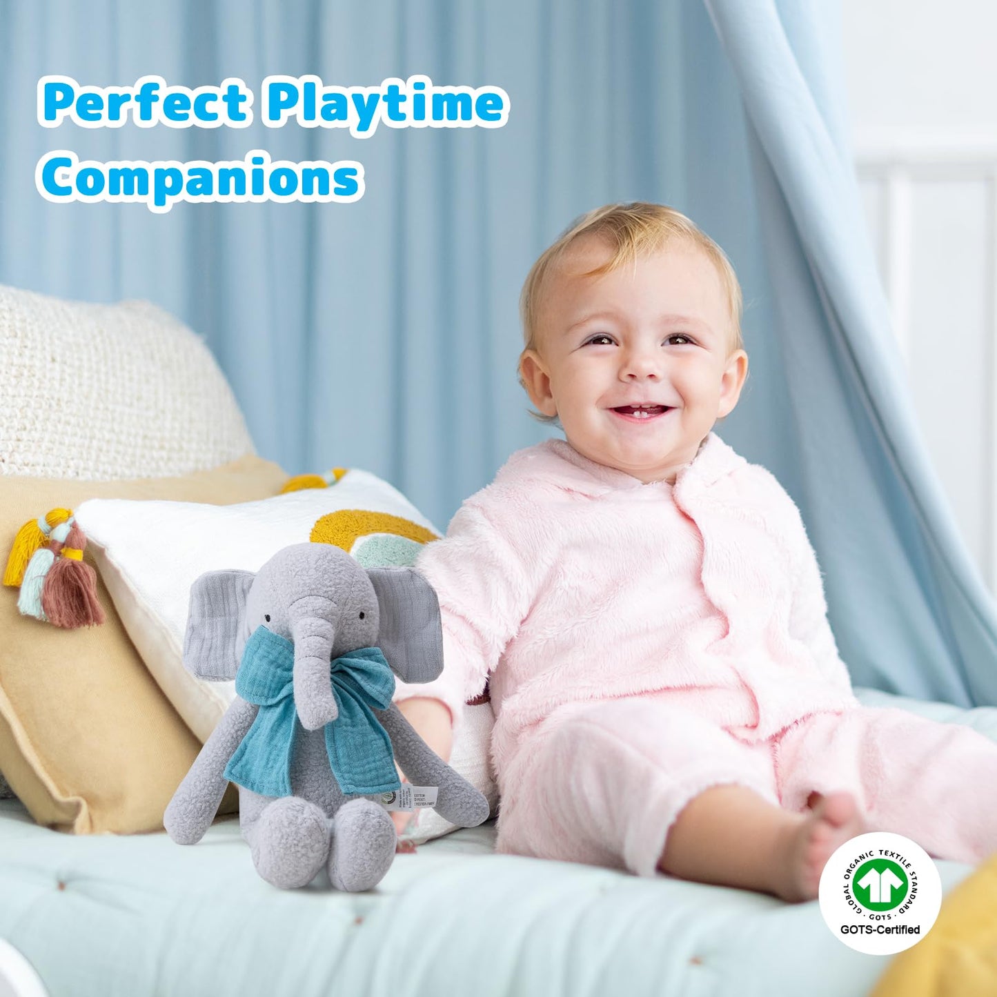 CUDDLE CORNER Stuffed Animal Organic Cotton Baby Plush Toys, 9” Organic Sitting Elephant with Rattle Soft Cuddly Toy for Boys and Girls