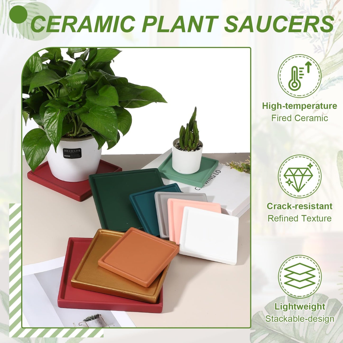 YELARXI 7.5 Inch Ceramic Plant Saucers, Square Flower Planter Water Trays Ceramic Plant Saucer Pot Tray -Fitting for (Outdoor/Indoors/Garden/Planting/Water/Flower/Coffee) Gold
