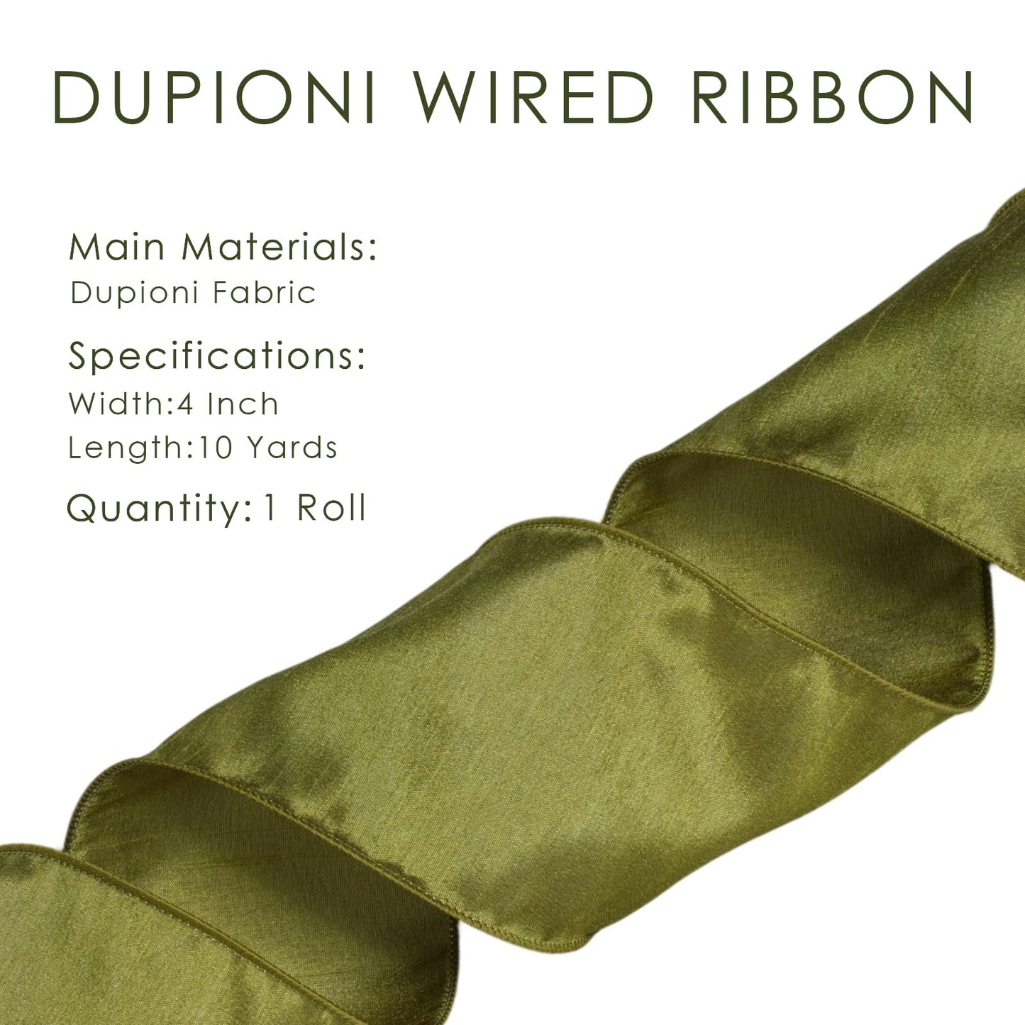 LaRibbons Moss Green Ribbon Wired 4 Inch x 10 Yards Dupioni Ribbon with Wired Edge for Wreaths, Bows and DIY Decorations