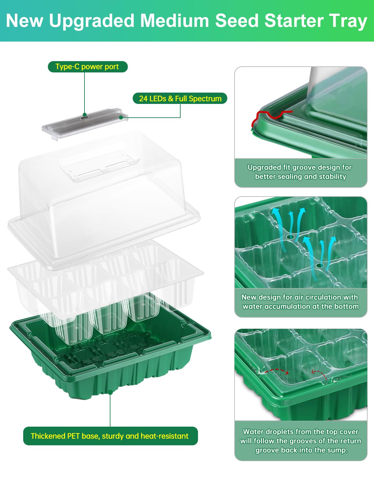 RODINTO Seed Starter Tray Medium Size 4 Packs, Seed Starter Kit with Upgraded 24 Full Spectrum LEDs, Adjustable Brightness and Timer, with Drainage Holes, Tools and Labels for Indoor Plant Growing