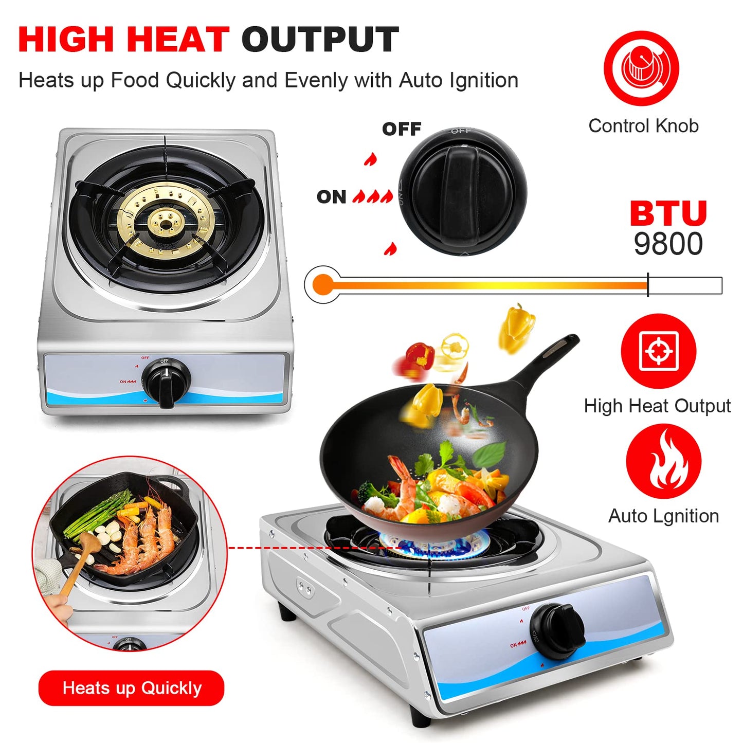 Propane Gas Cooktop，Single Burner Gas Stove Stainless Steel Portable Gas Stove，Auto Ignition Camping Single Burner LPGfor RV, Apartments, Outdoor