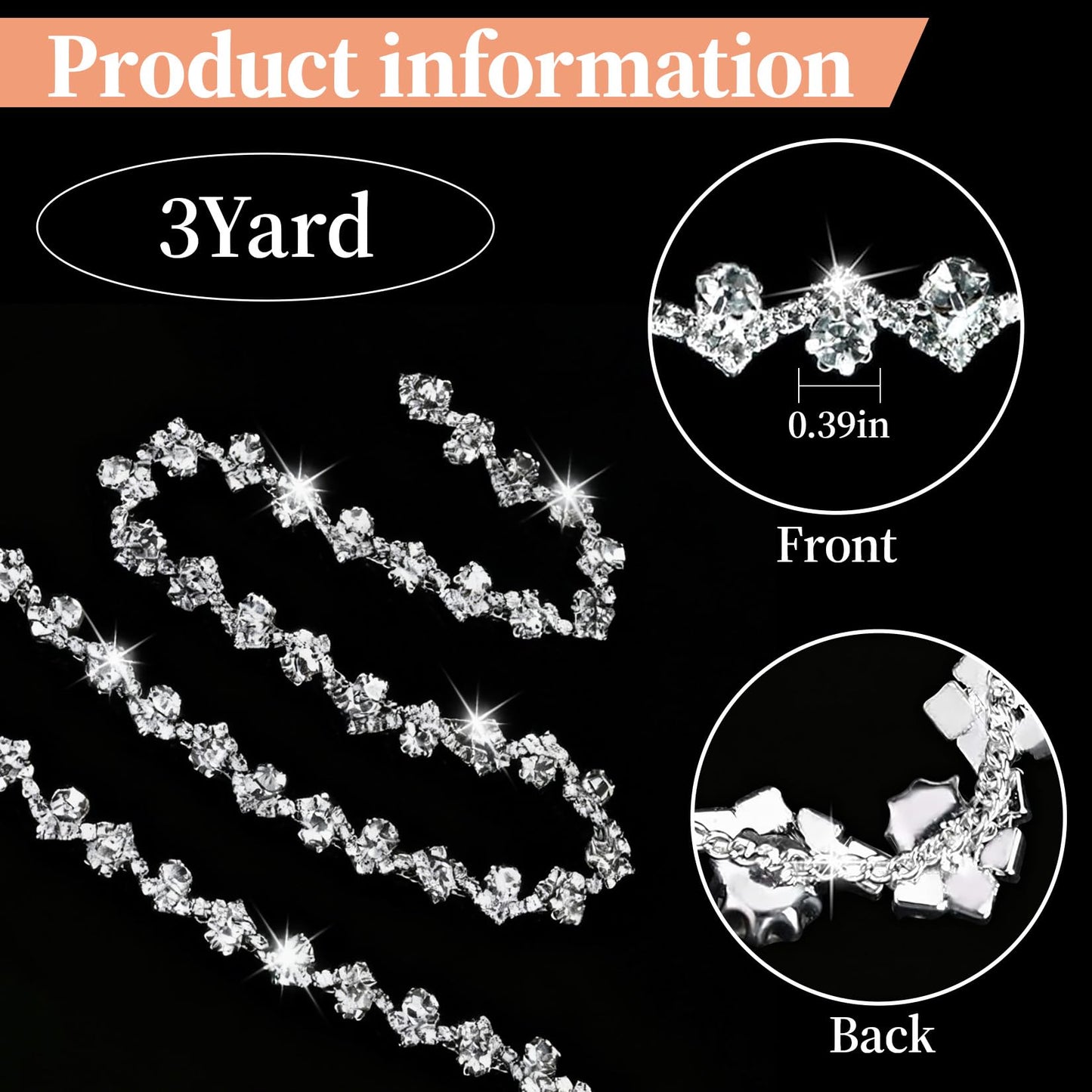 3 Yards Bling Rhinestone Chain Trim for Sewing Crafts Clothes Shoes Cups, Rhinestone Applique Embellishments Silver Crystal Chain for Jewelry Making Wedding Cake Bags DIY(Silver)