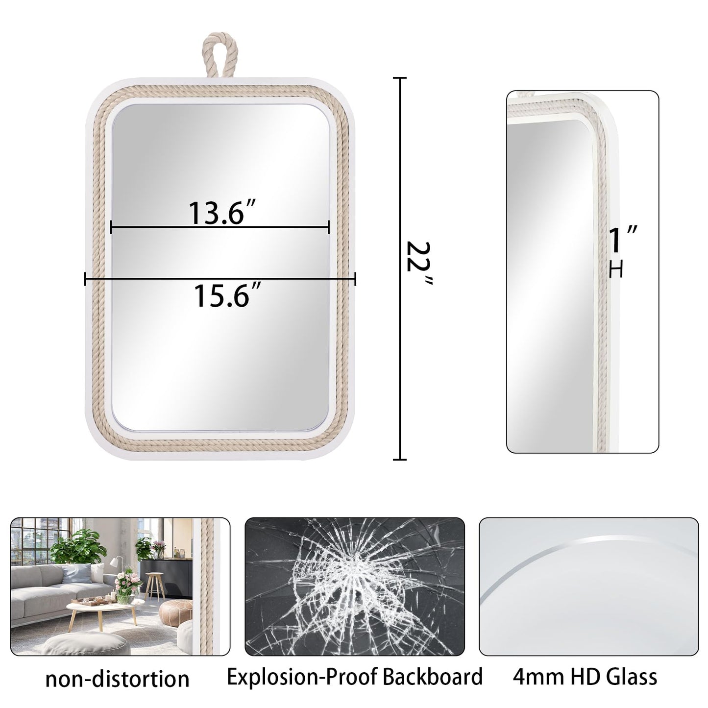 Nautical Rope Mirror Rectangle Wooden 22''Lx16''W White Decorative Mirror Farmhouse Hanging for Bathroom,Livingroom,Entryway-Beachy Coastal Wall Mirror Decor