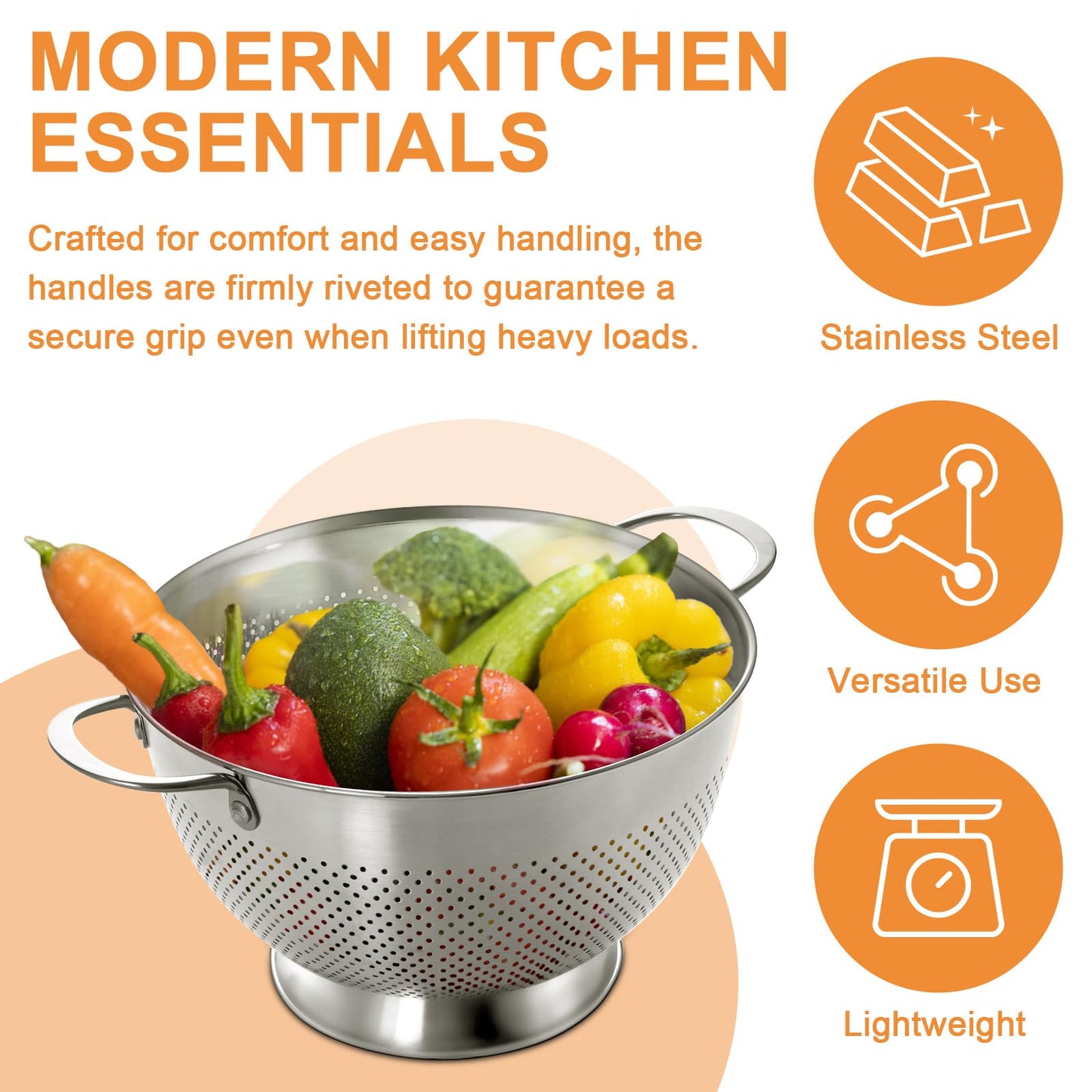 Stainless Steel Colander Set of 3 (1.5-3-5Quart) | Durable Rice and Pasta Strainer with Handle | Oversized Handles | Nesting Design | Rust-Resistant & Dishwasher Safe