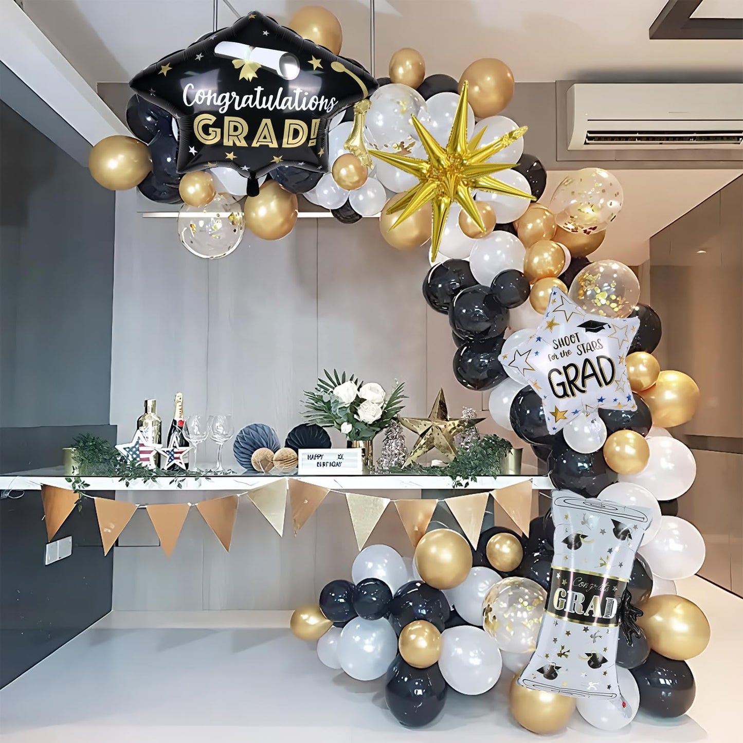 Graduation Balloon Arch Garland Kit 2026, Black Gold Confetti White Graduation Decorations with Foil Grad Cap Diploma Star Balloons for Congrats Class of 2026 Graduates Celebrations Party Decorations