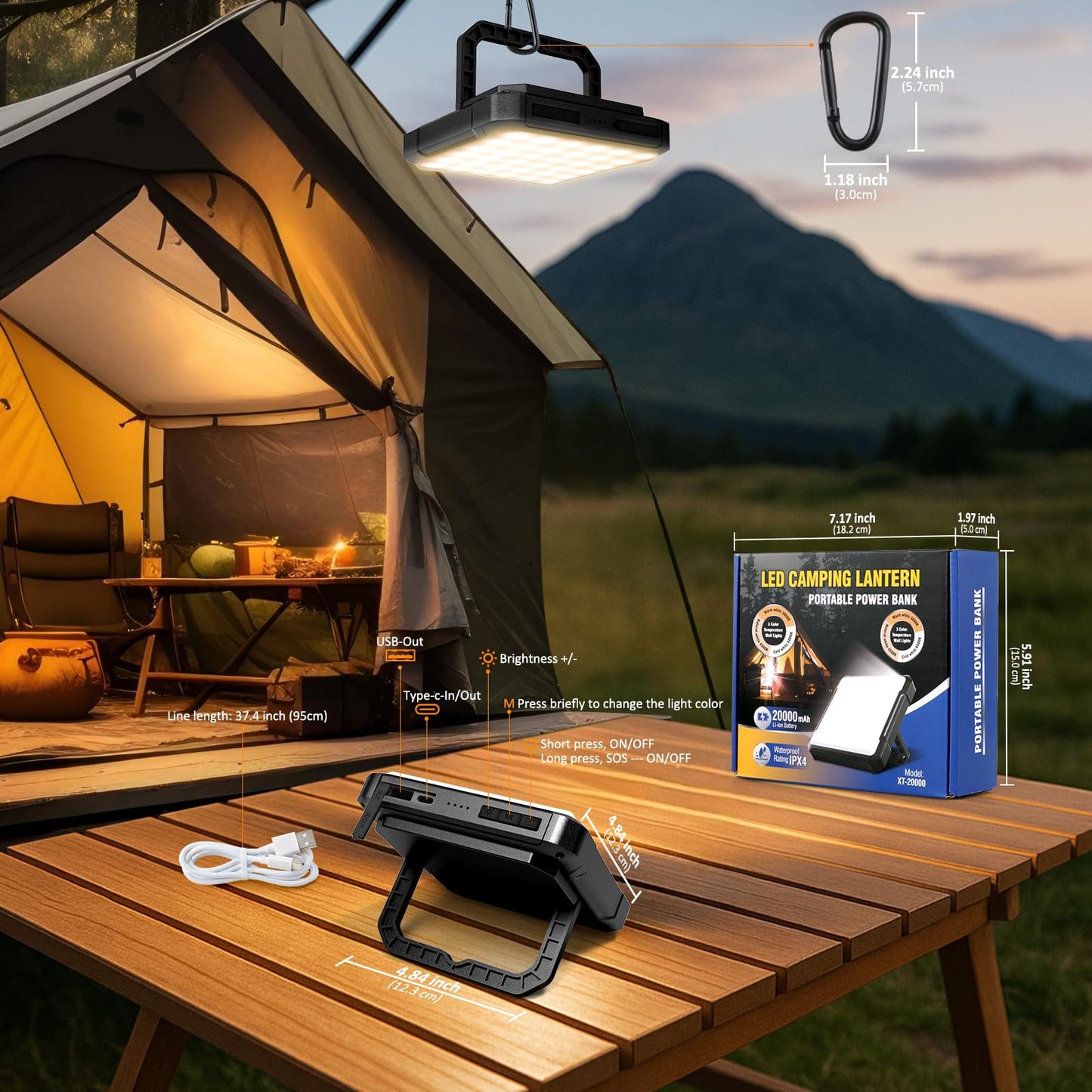 Portable LED Camping Lights, 20000mAh Rechargeable Dimmable Camping Lantern,1300LM Ultra Bright & 4 Lighting Modes, IPX4 Waterproof Emergency Lights for Home, Blackout, Outdoor, Survival Gear