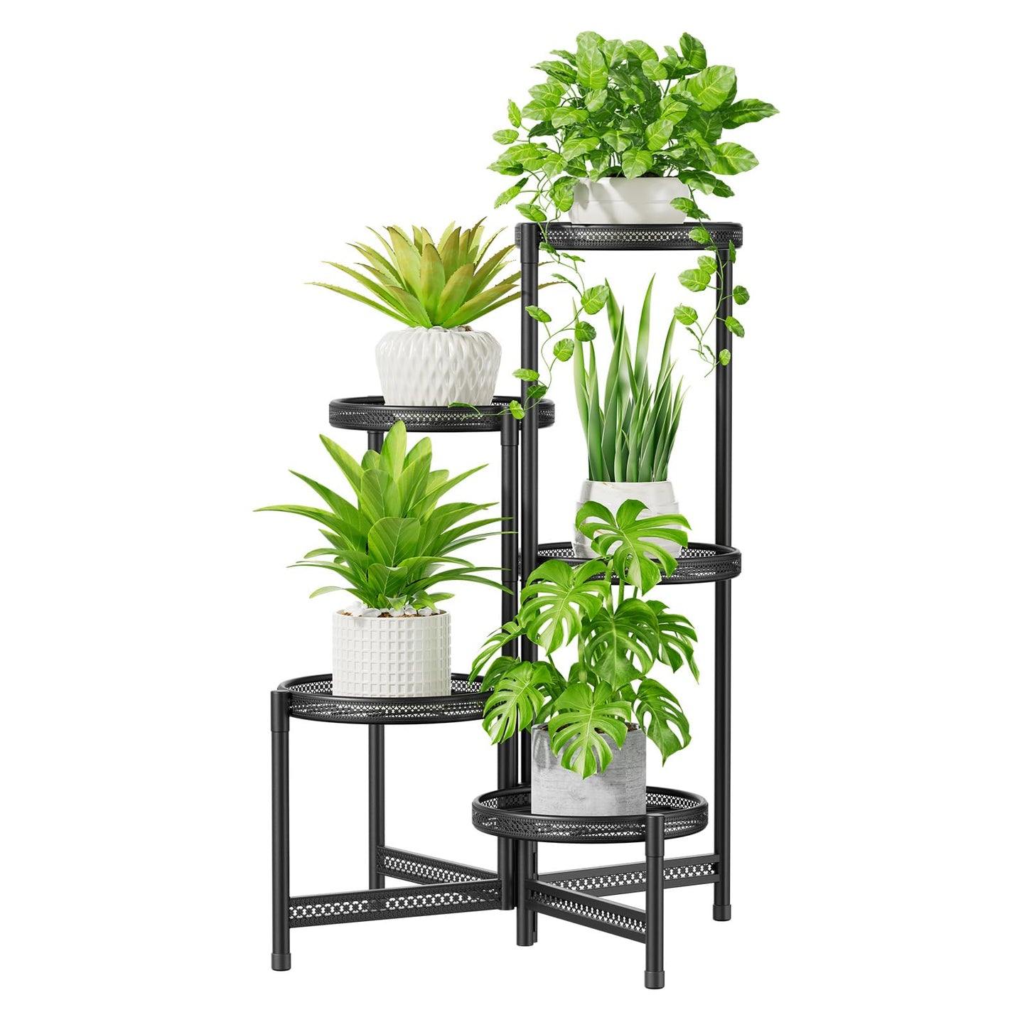 iDavosic.ly 5 Tier Large Plant Stand Indoor with 10-Inch Wide Drainage Tray, Tiered Corner Metal Outdoor Flower Display Holder Shelf, Folding Tall Rack for Patio Porch Balcony, Black Iron Carving