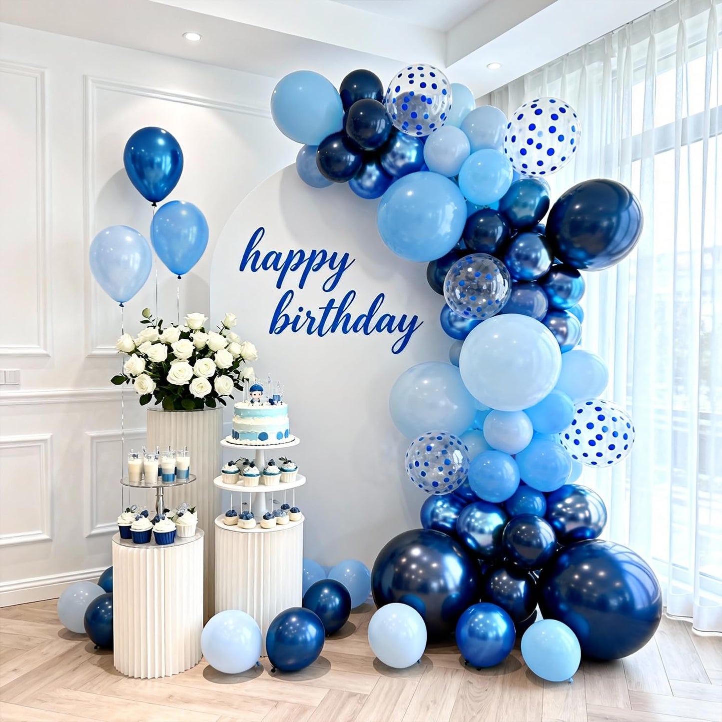 Blue Balloon Arch kit, Navy Dark Metallic Blue and Matte Light Blue Balloons Garland with Blue Confetti Latex Balloons for Birthday Wedding Anniversary Gender Reveal Party Decorations