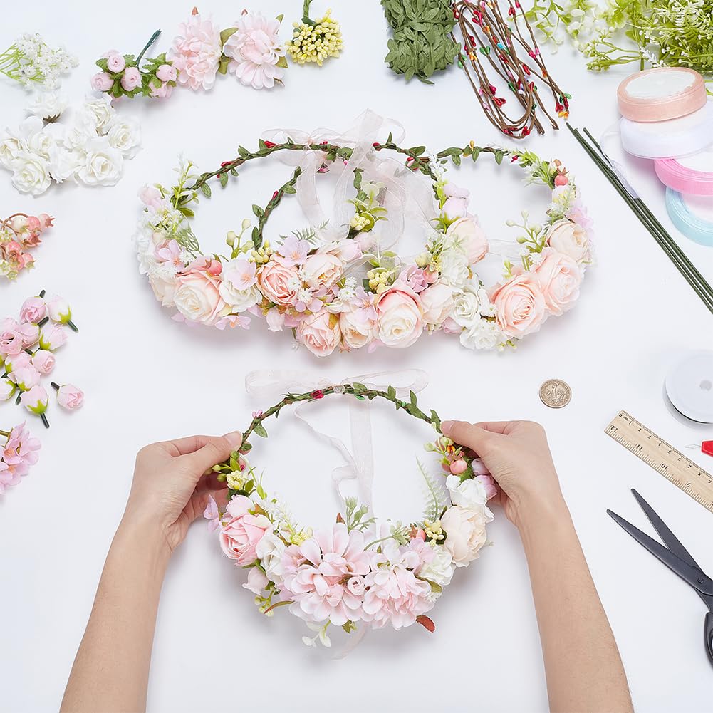 ACRNIGHEET 4 Sets DIY Flower Crown Kit, White and Pink Floral Crown Craft Kit, Make Your Own Flower Crown Headband Handmade, Floral Bridal Headpiece Hair Accessories for Wedding Birthday Party Prop