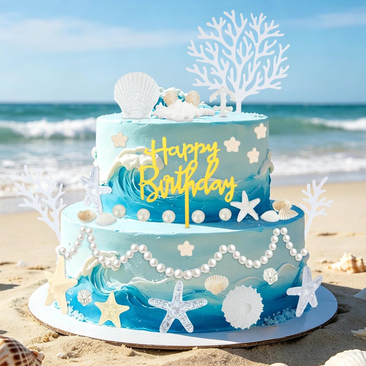 Prospura 34Pcs Beach Cake Topper Set, Under the Sea Theme Decorations with Golden Happy Birthday Sign, Ocean Seashells Starfish Conch for Summer Birthday Party Supplies
