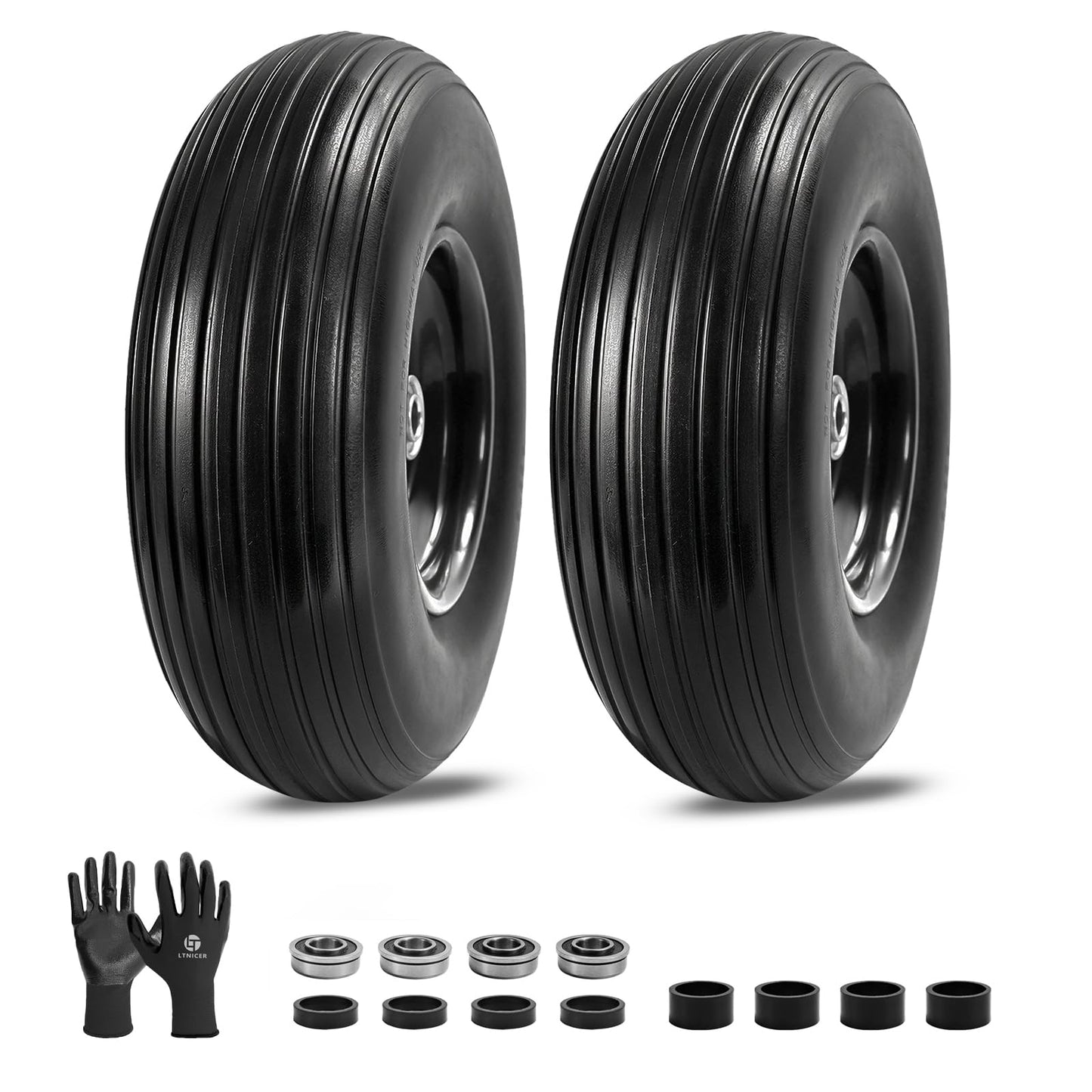 LTNICER 4.00-6 Flat-free Solid Tire and Wheel, 13" Wheelbarrow Wheels and Tires with 5/8" or 3/4" Bearings, 1.75" Centered Hub for Wheelbarrow/Wagon/Trolley/Garden Scooter Cart(2 PCS)