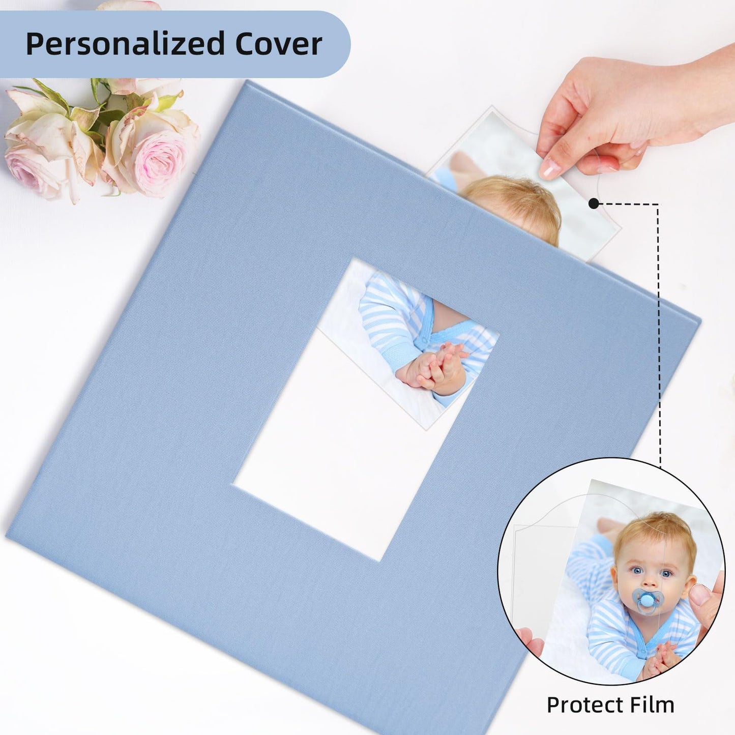 Vienrose Self Adhesive Photo Album Gift Set, Linen Cover Scrapbook with DIY Window, Holds 4x6 5x7 8x10 Photos, 30 Sheets 60 Pages for Family Wedding Baby, Includes Pen, Card, Lace Strap, Blue